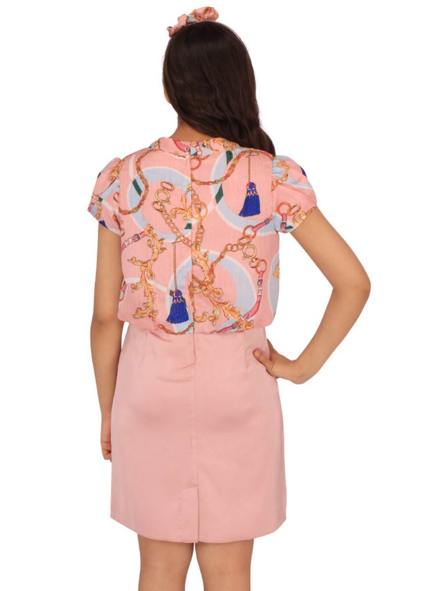 Cutecumber Kids Peach Printed Shift Dress with Hairband