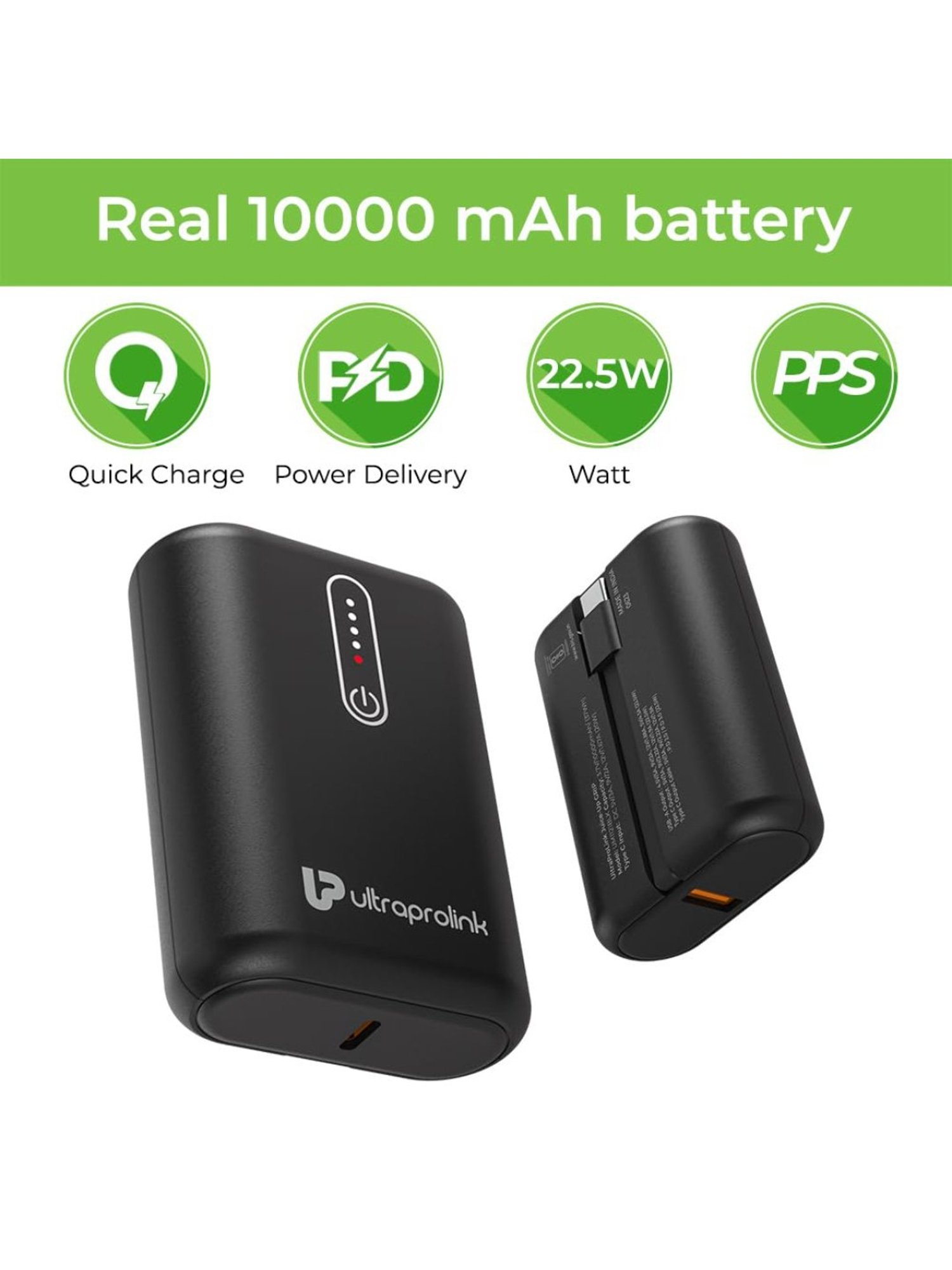 UltraProlink UM1121 10000mAh 22.5W Juice-UP Grip Compact Power Bank with LED Indicators (Black)