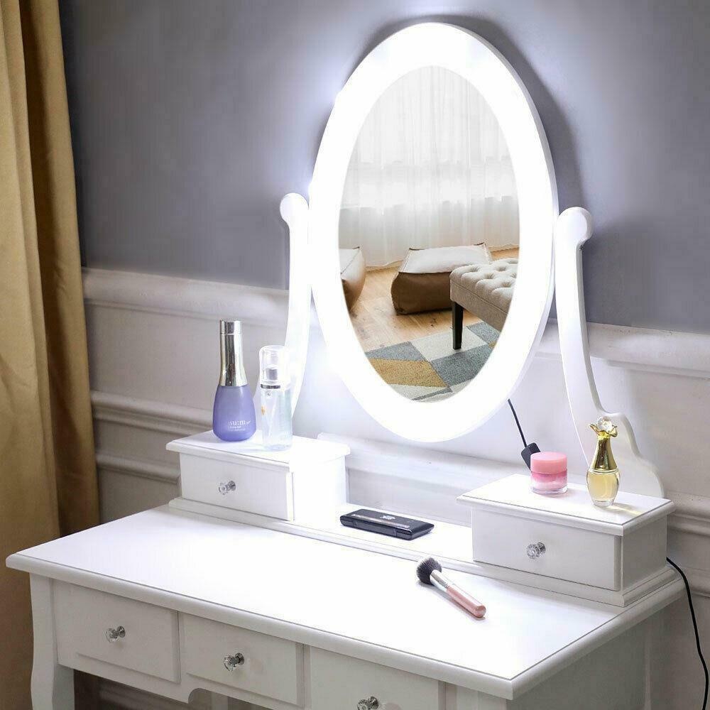 Makeup Dressing Table Vanity Set With Mirror 10 Led Lights for Bedroom White