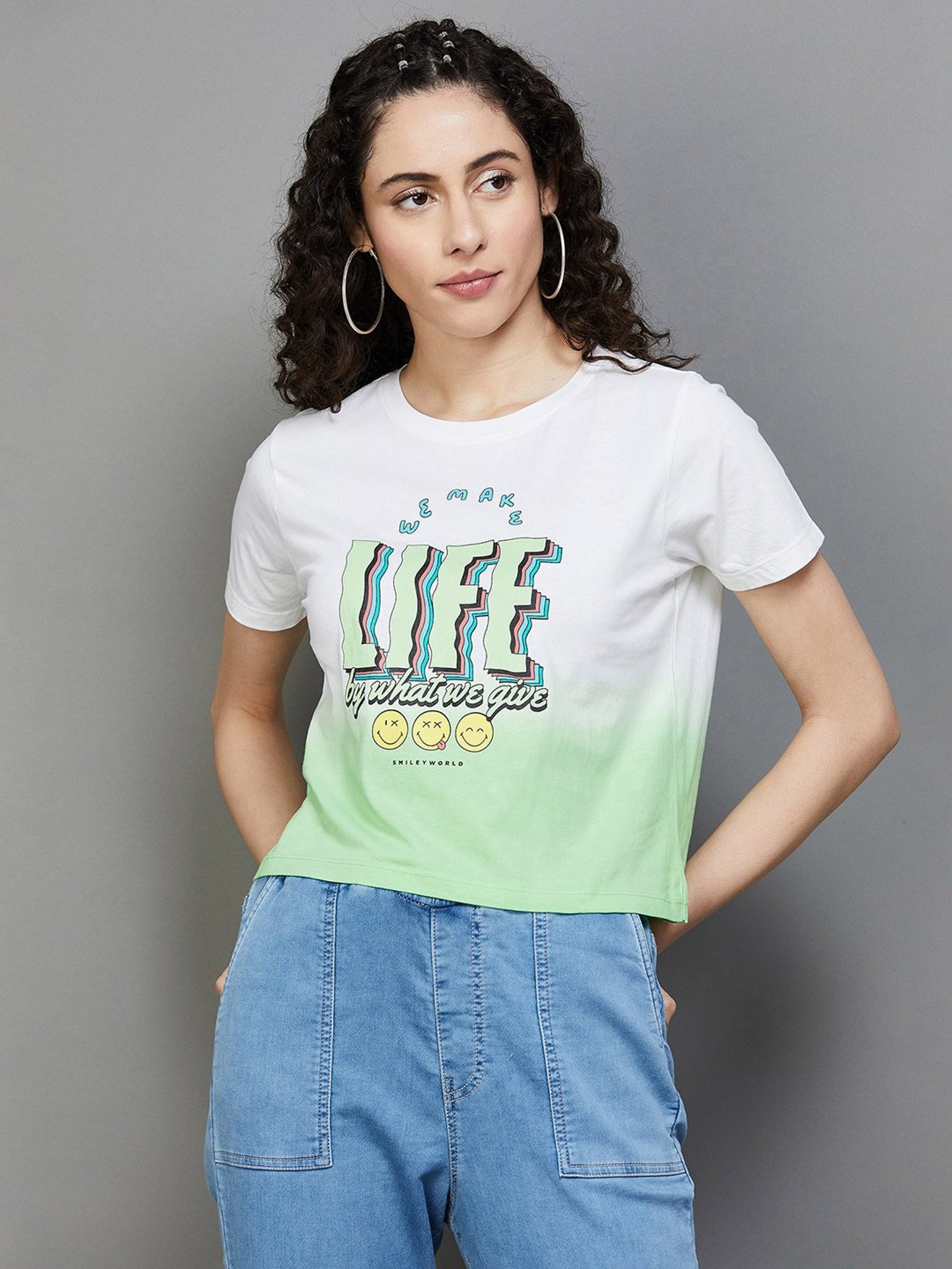 SmileyWorld Green & White Cotton Graphic Print T-Shirt