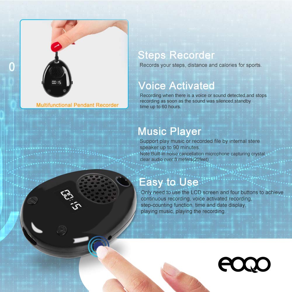Digital Voice Recorder,eoqo 8GB Voice Activated Audio Recorder,Portable Sound Recorder + Music Player with Internal Speaker + Steps Track + Time Display