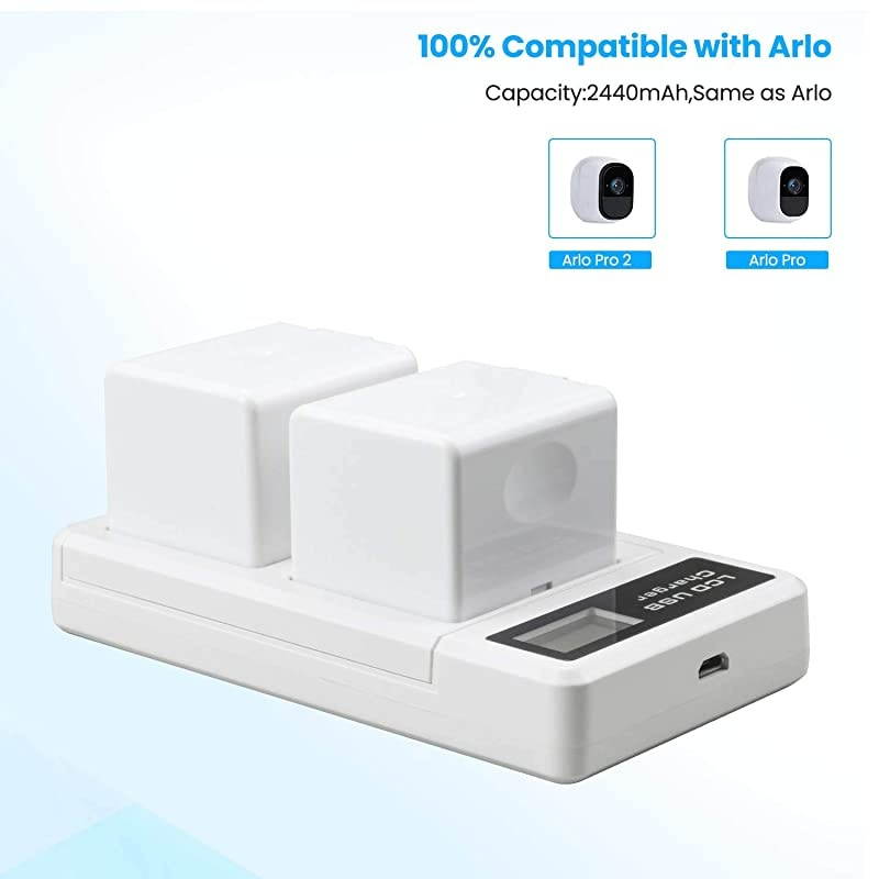 2-Pack Rechargeable Battery Compatible with Arlo Pro, Arlo Pro 2 VMA4400, and Dual LCD Charger for Arlo Pro, Arlo Pro 2 and Arlo Security Light Batteries