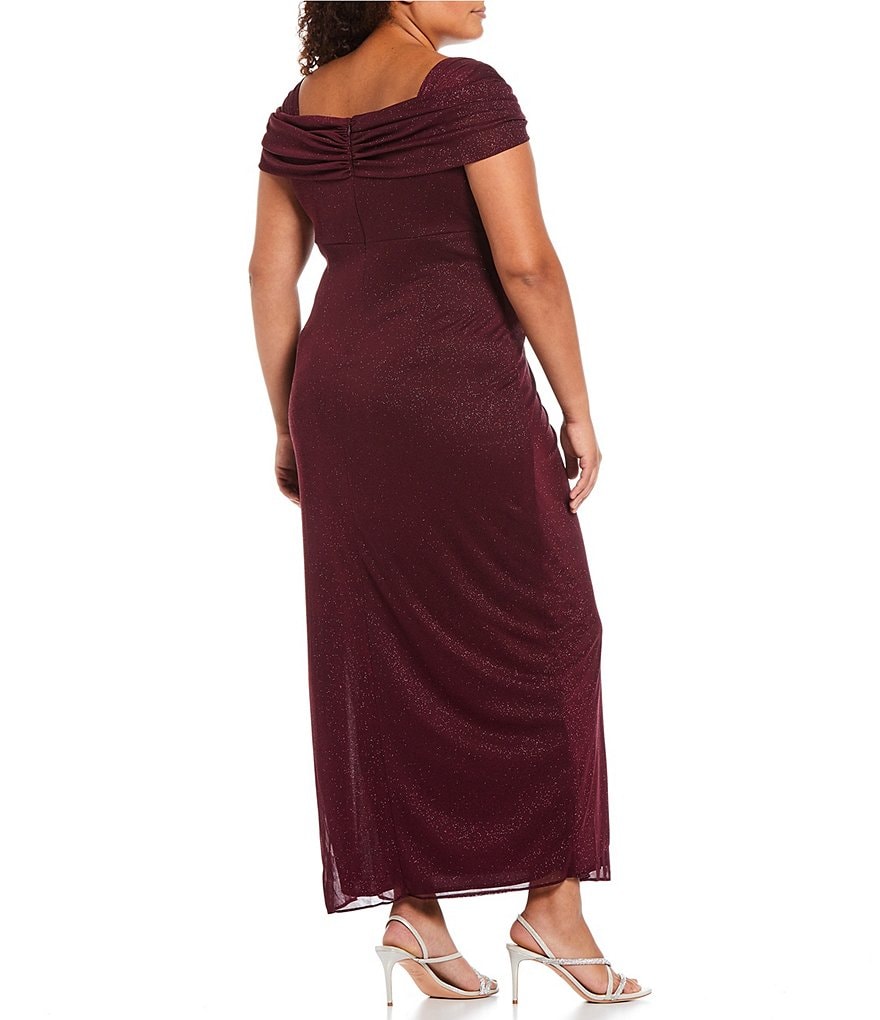 Alex Evenings Plus Cold Shoulder Cowl Neck Cap Sleeve Glitter Mesh Gown