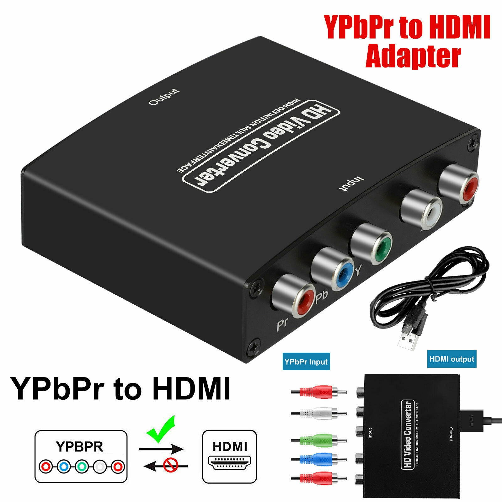 Component YPbPr 5RCA To HDMI Adapter R/L Audio Converter 1080P Video for DVD PS3