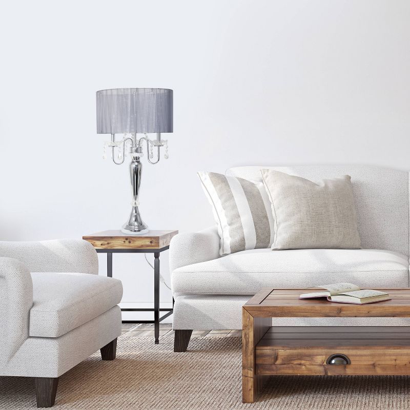 Romantic Sheer Shade Table Lamp with Hanging Crystals Gray - Elegant Designs