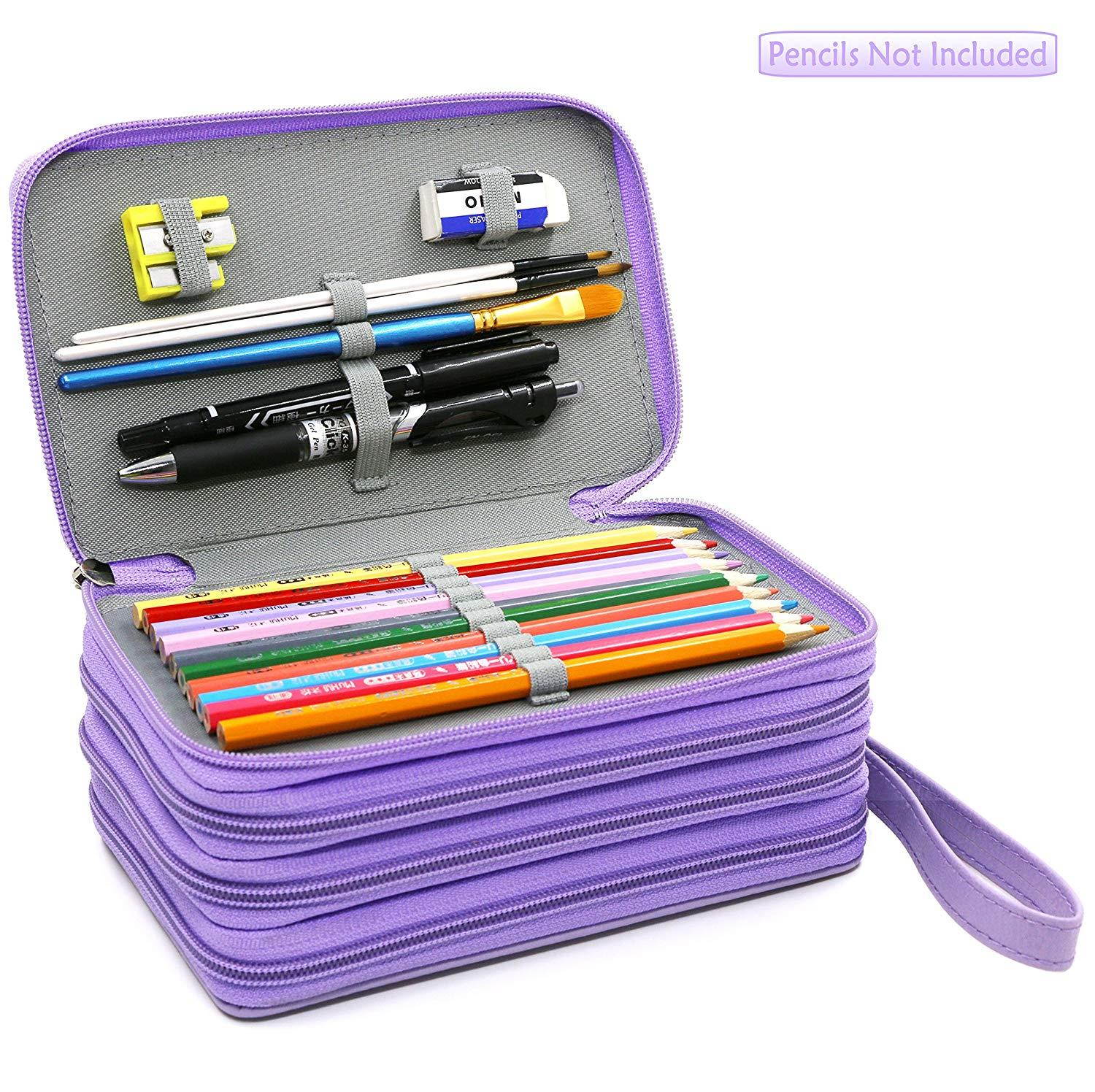 YOUSHARES 72 Slots Pencil Case - PU Leather Handy Multi-layer Large Zipper Pen Bag with Handle Strap for Colored/Watercolor Pencil (Purple)