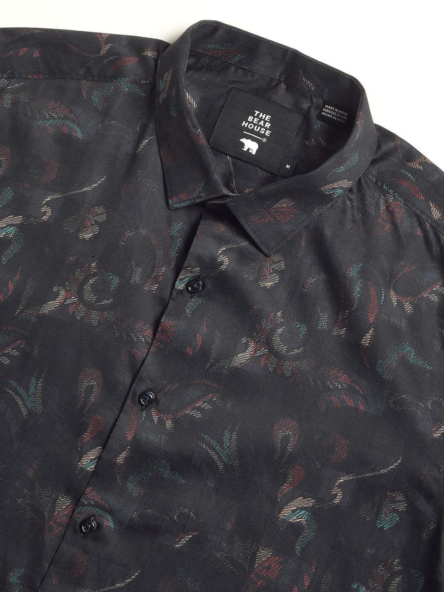 The Bear House Black Cotton Slim Fit Printed Shirt