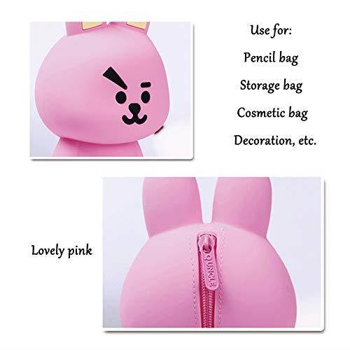 Pencil Case 3D Silicone Cartoon Storage Box Cute with Back Zipper Portable Hand-held Wallet Stationery Box Cosmetic Bag (Pink)