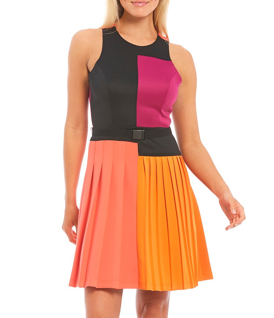 LDT Brielle Sleeveless Colorblock Round Neck Pleated Racer Dress