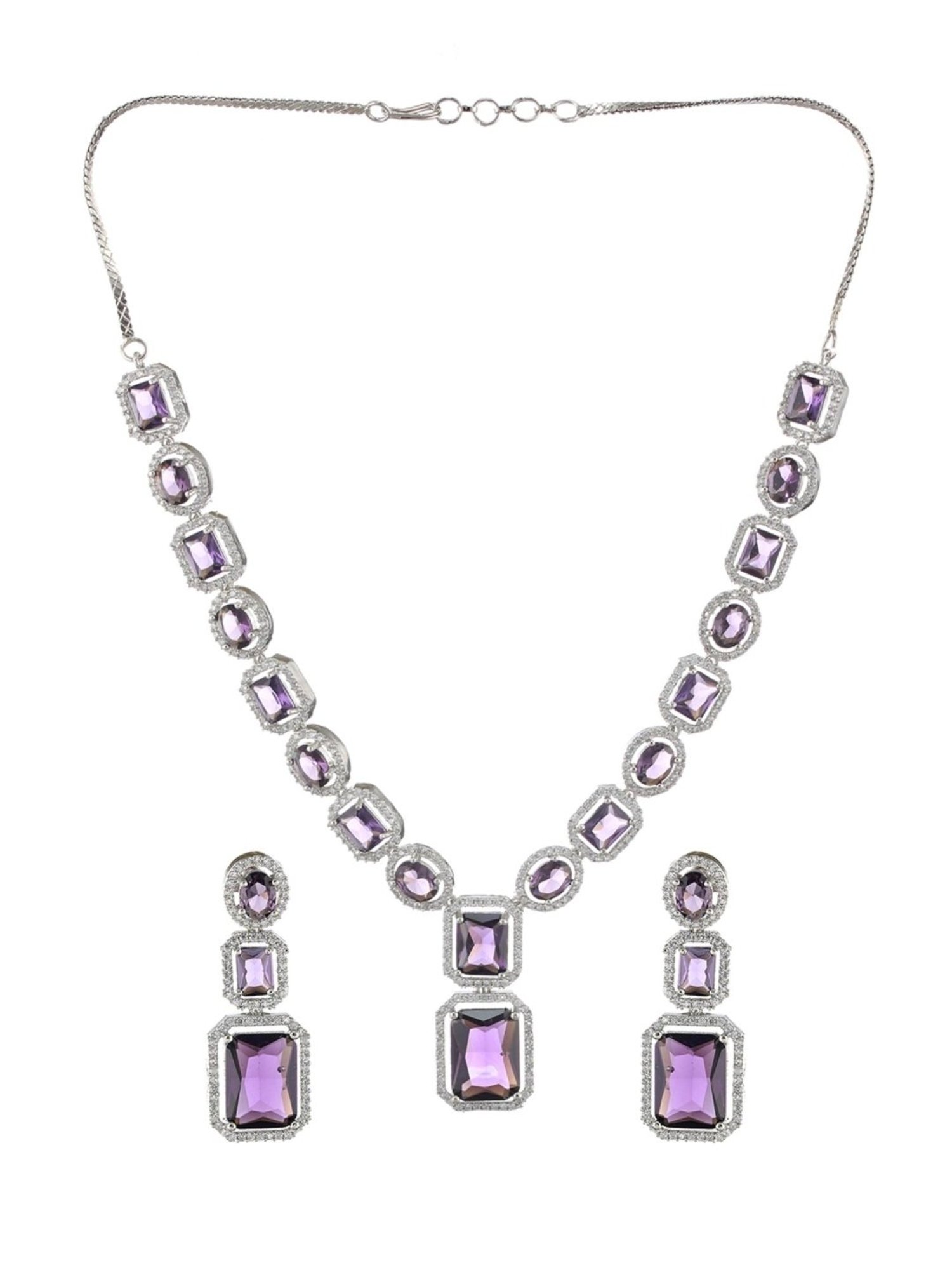 Aatmana Silver-Plated AD-Studded Handcrafted White & Purple Necklace Set