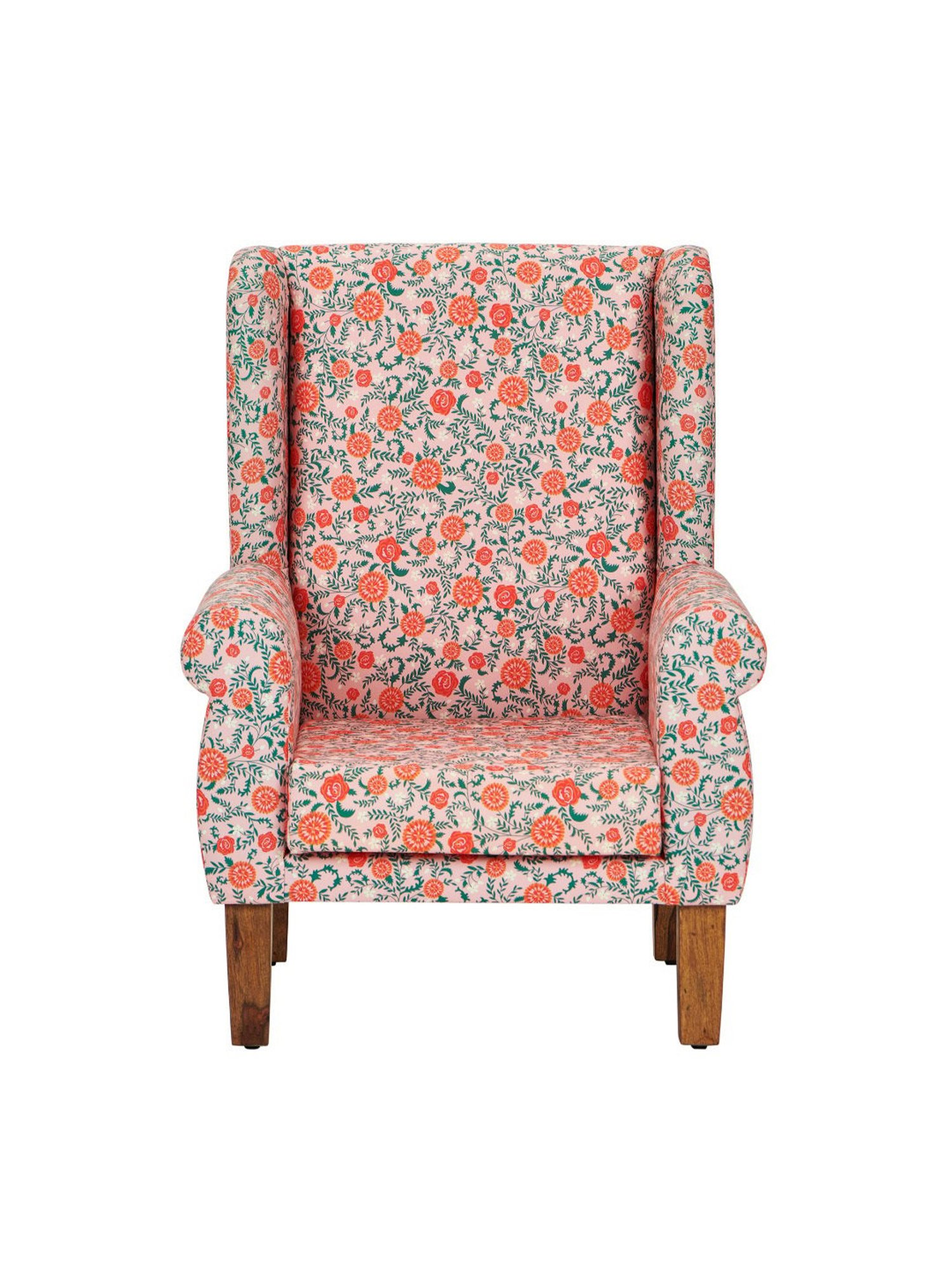 Chumbak Earthy Floral Red Sheesham Wood Begum Wing Chair