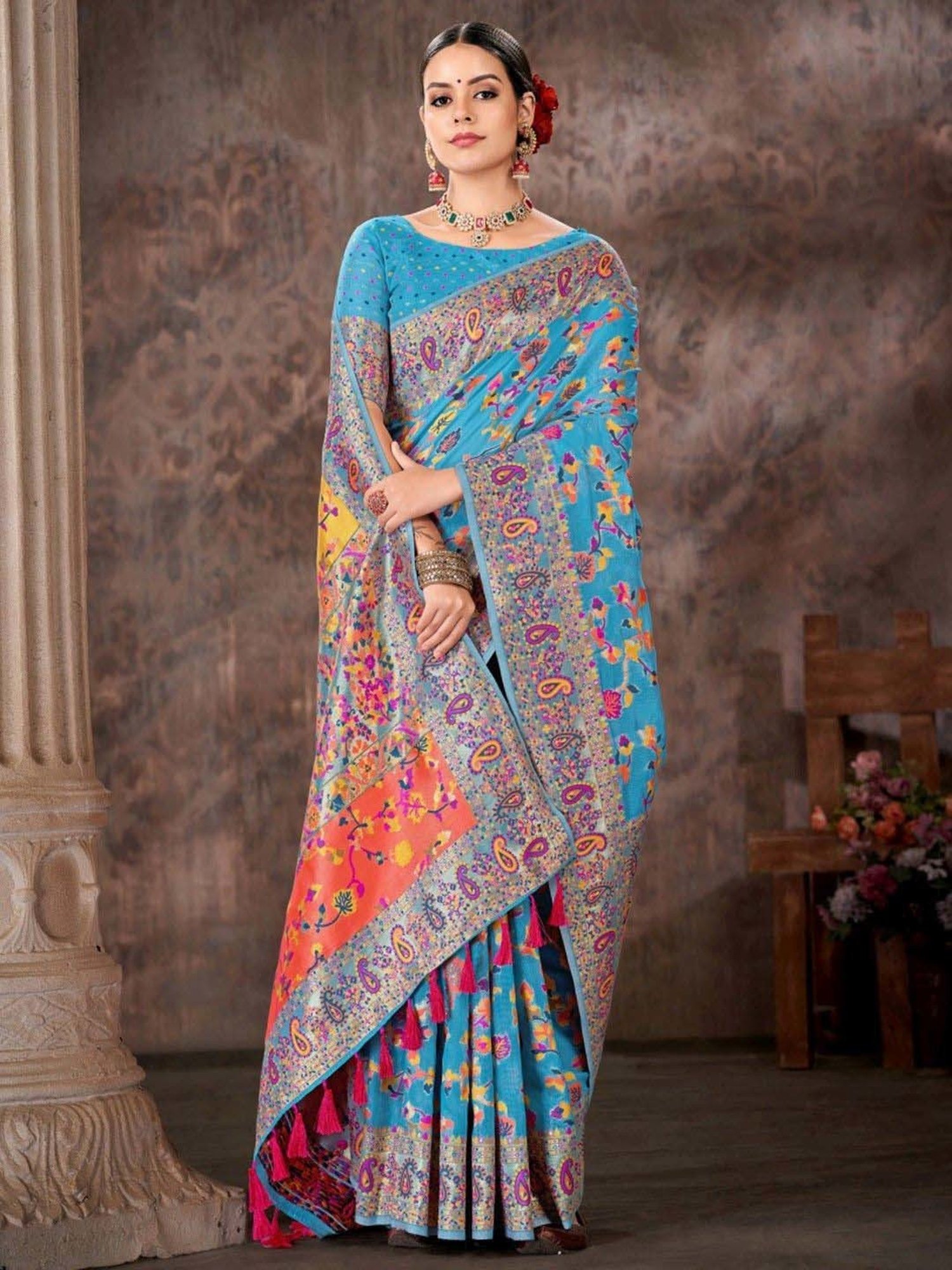 Silk Land Blue Embroidered Saree With Unstitched Blouse