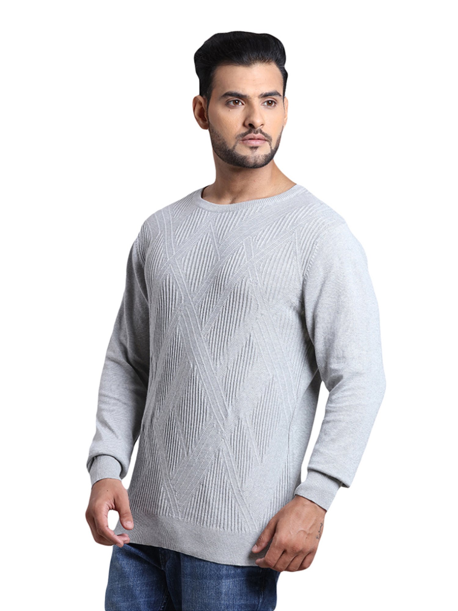 ColorPlus Grey Cotton Tailored Fit Self Pattern Sweater