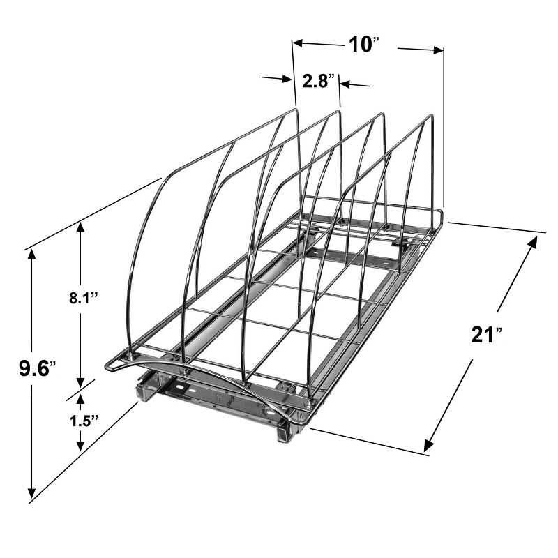 Lynk Professional Slide Out Cutting Board, Bakeware, and Tray Organizer - Pull Out Kitchen Cabinet Rack - 10" wide x 21" deep - Chrome
