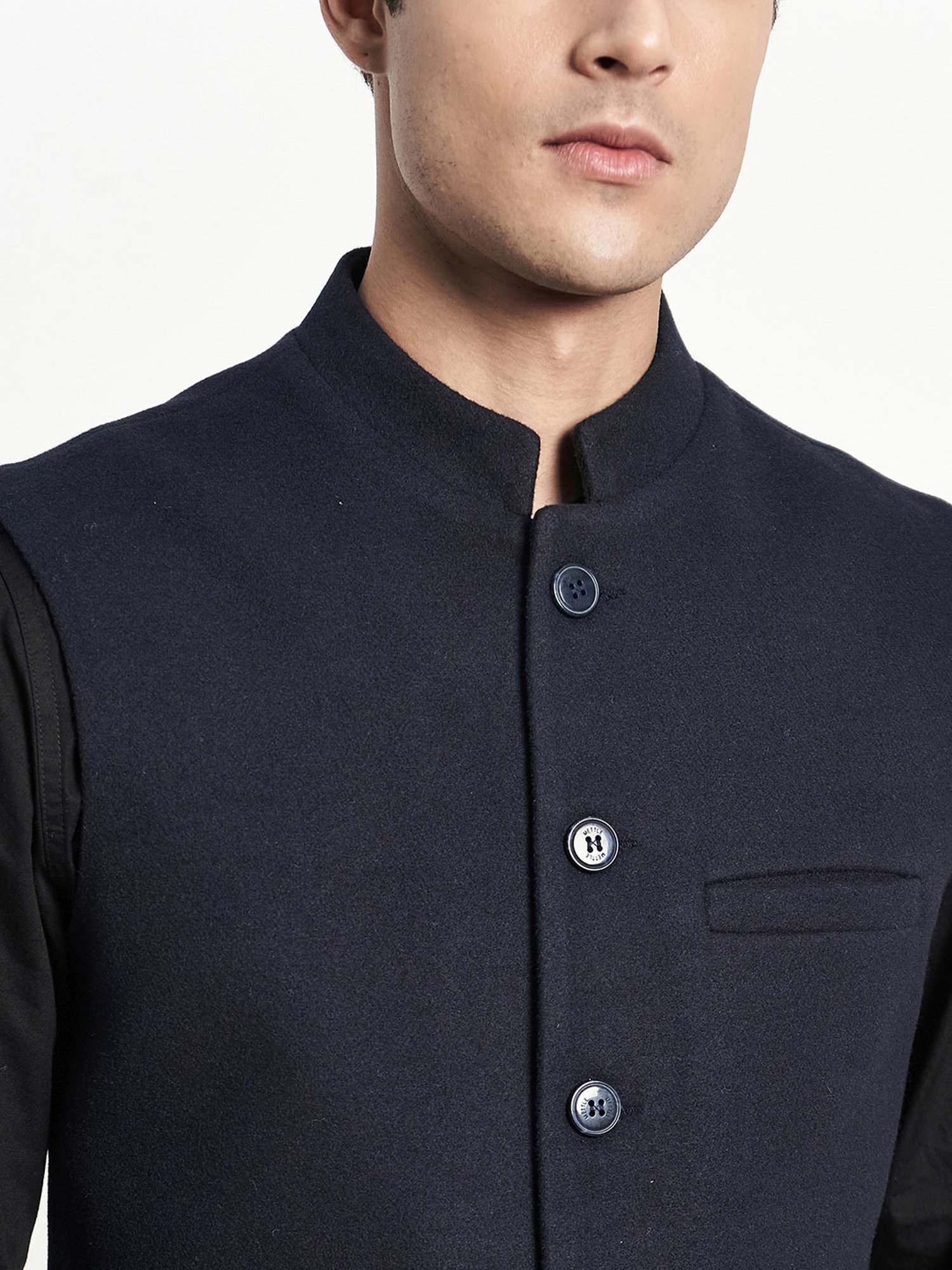 METTLE Navy Mandarin Collar Nehru Jacket