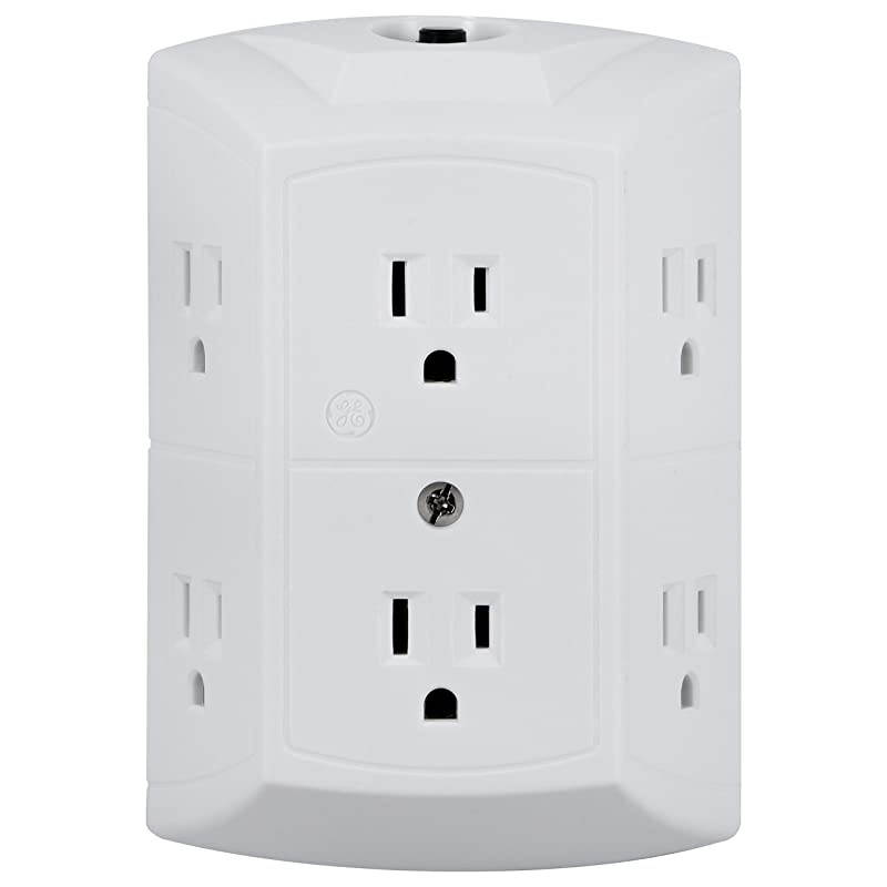 6Outlet Wall Tap Reset Button Circuit Breaker Power Outlet Extender Adapter Spaced Outlets 3 Prong Plug Grounded UL Listed White 56575