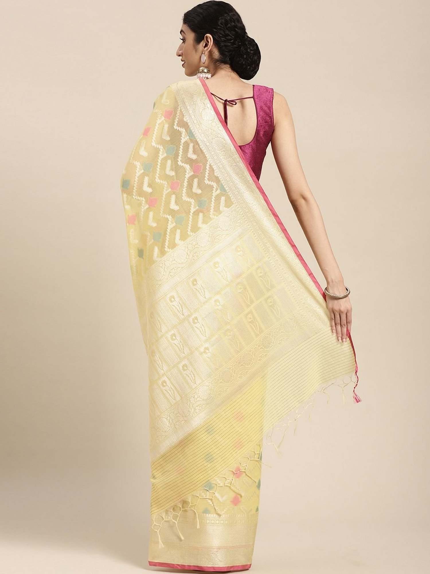 Banarasi Silk Works Yellow Cotton Woven Saree With Unstitched Blouse