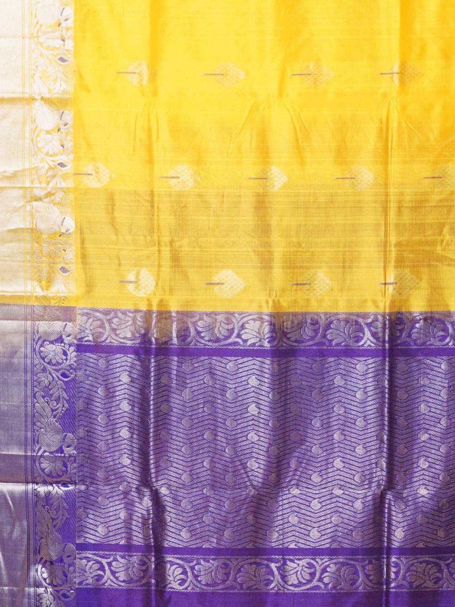 Unnati Silks Yellow & Purple Silk Printed Saree With Unstitched Blouse