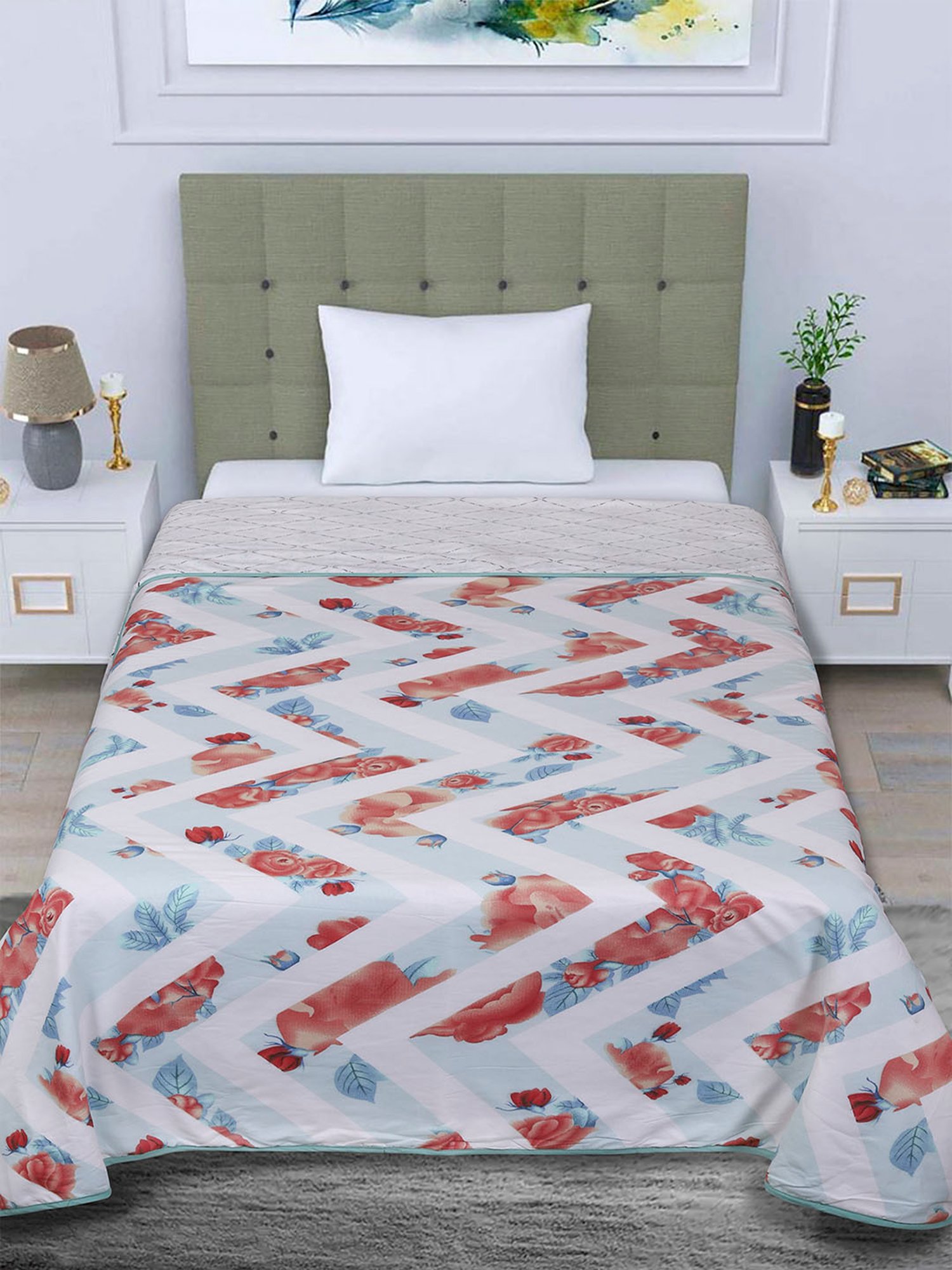 Romee Beige Cotton Geometric Blankets Quilts and Dohars