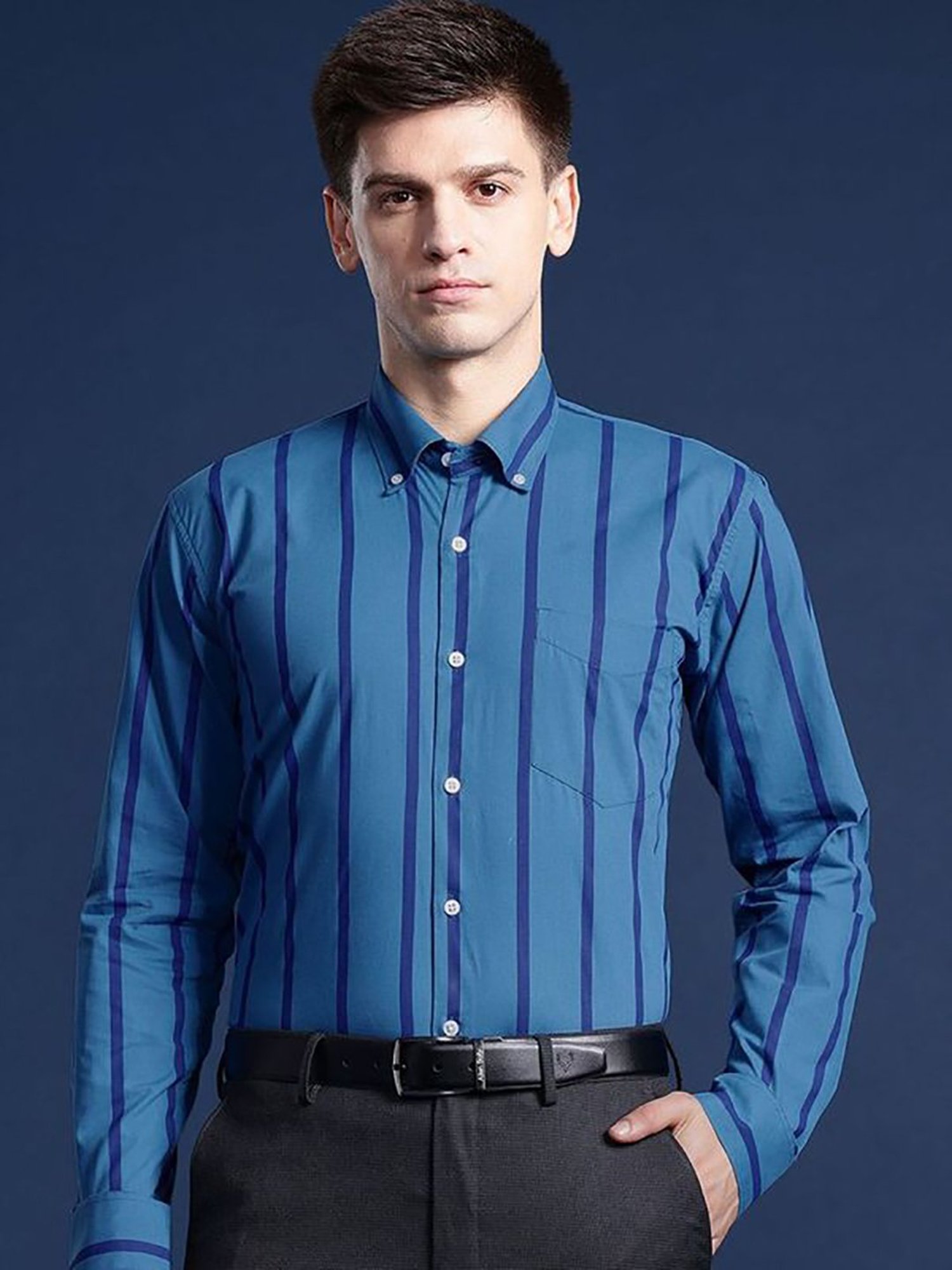 Hancock Blue Cotton Slim Fit Stripes Shirts