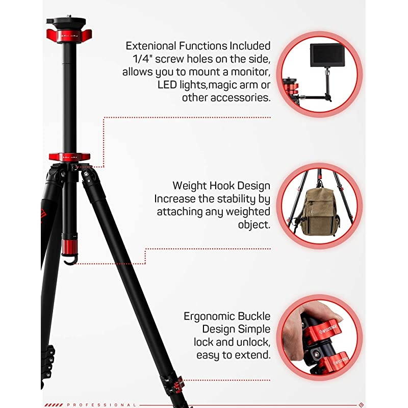 Carbon Fiber Travel Tripod, 59" Professional Video Camera Tripods 4 Sections with Centre Pole,Compatible with Canon, Nikon, Sony DSLR Camcorder Video Photography, Max Load 13.2 lbs