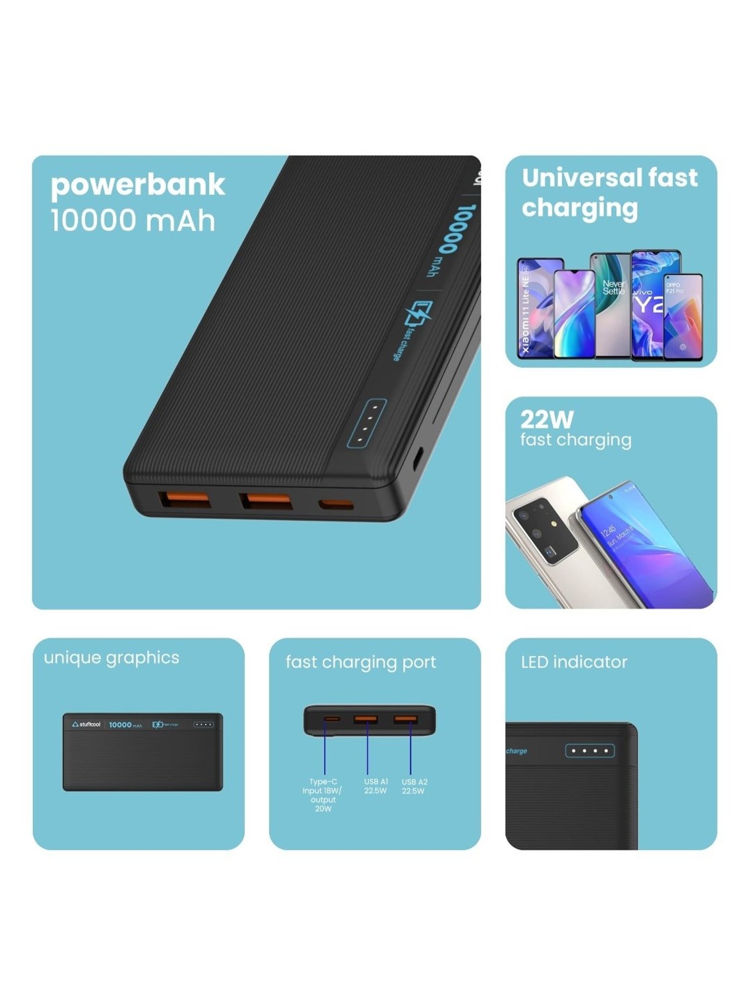 Stuffcool Major 10000mAh 20W Type C PD, 22.5W QC3.0 Type A Port Fast Charging Power Bank (Black)