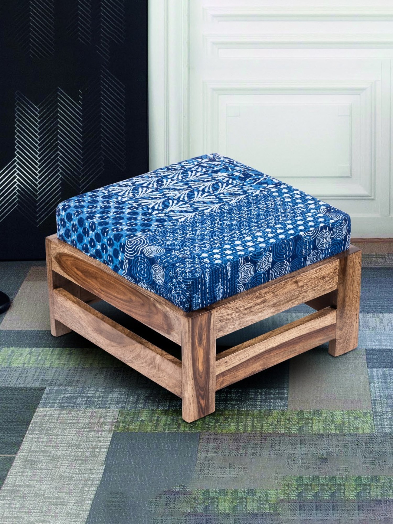 Ikiriya Amber Printed Blue & Brown Wood Foot Stool Teak Finish