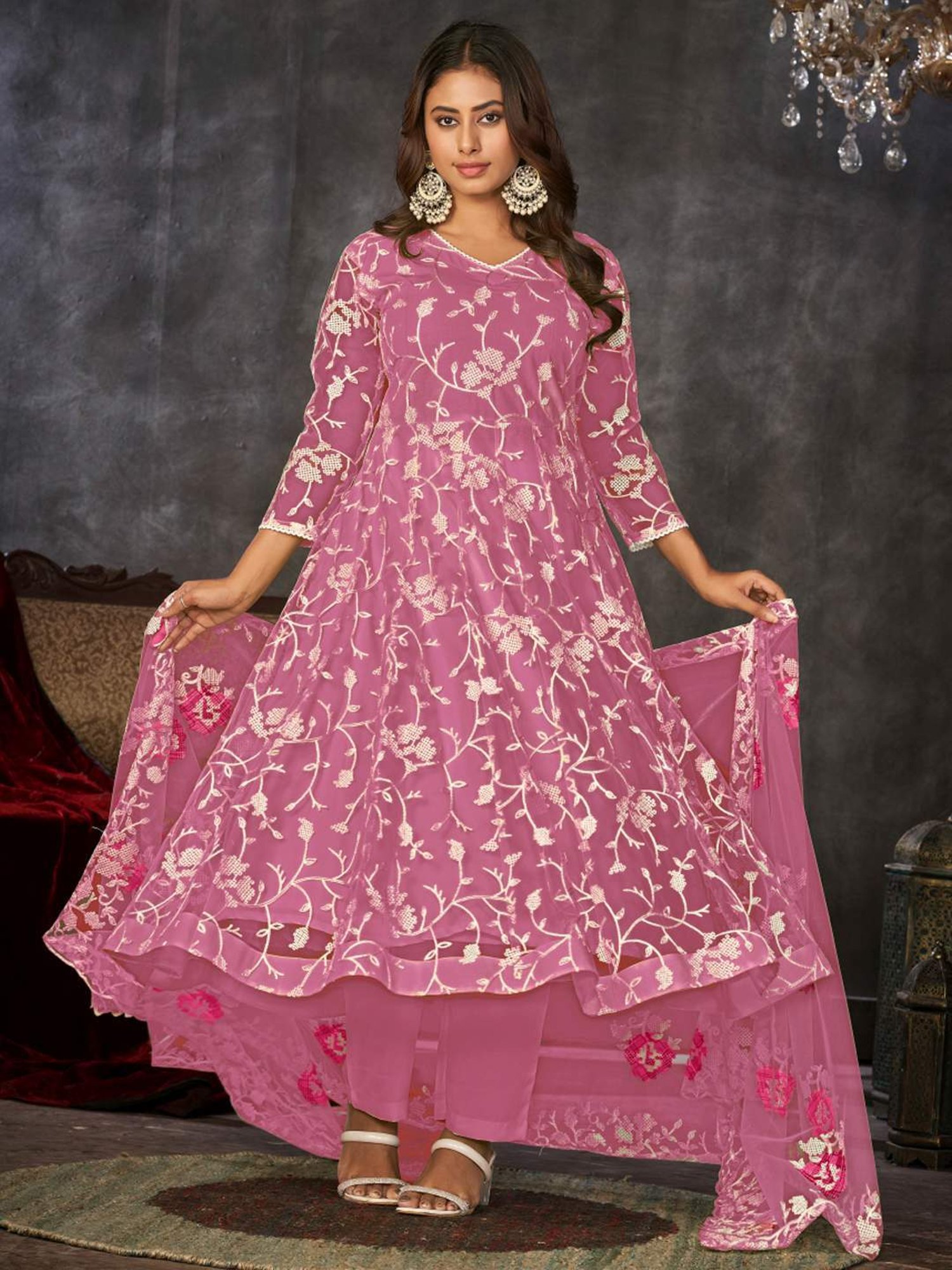 Warthy Ent Pink Embroidered Unstitched Dress Material