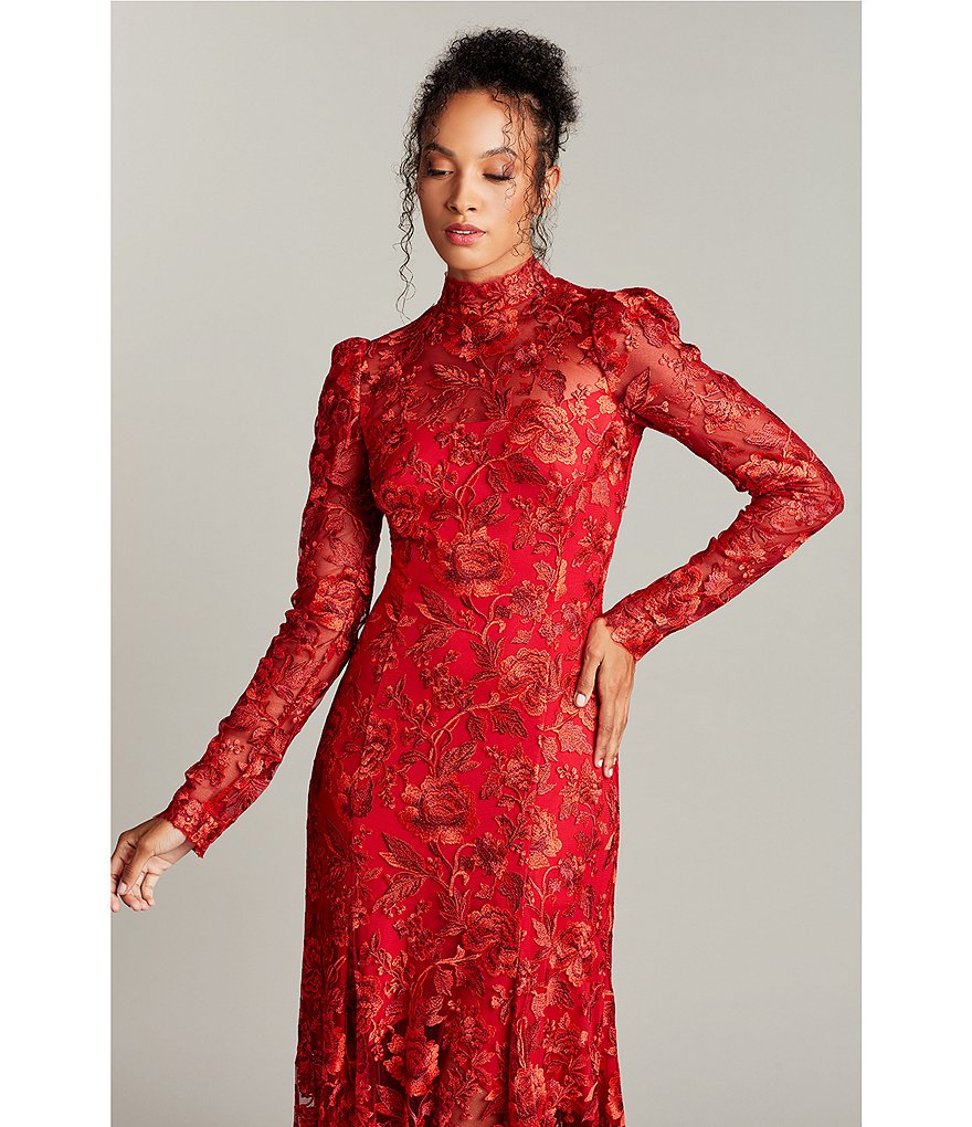 Tadashi Shoji Long Sleeve Mock Neck Handkerchief Hem Lace Dress