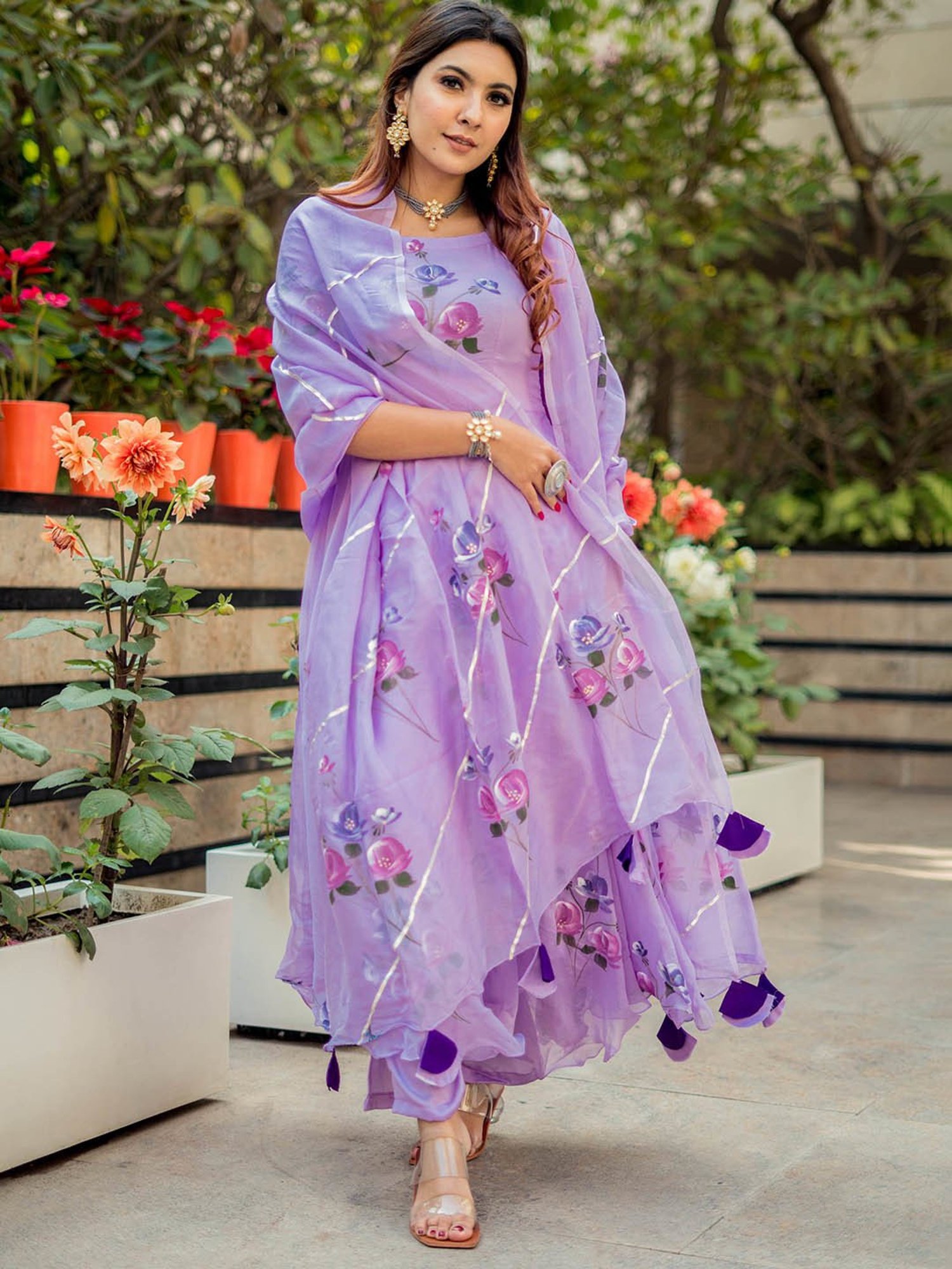 AACHHO Lilac Organza Hand Painted Suit Set