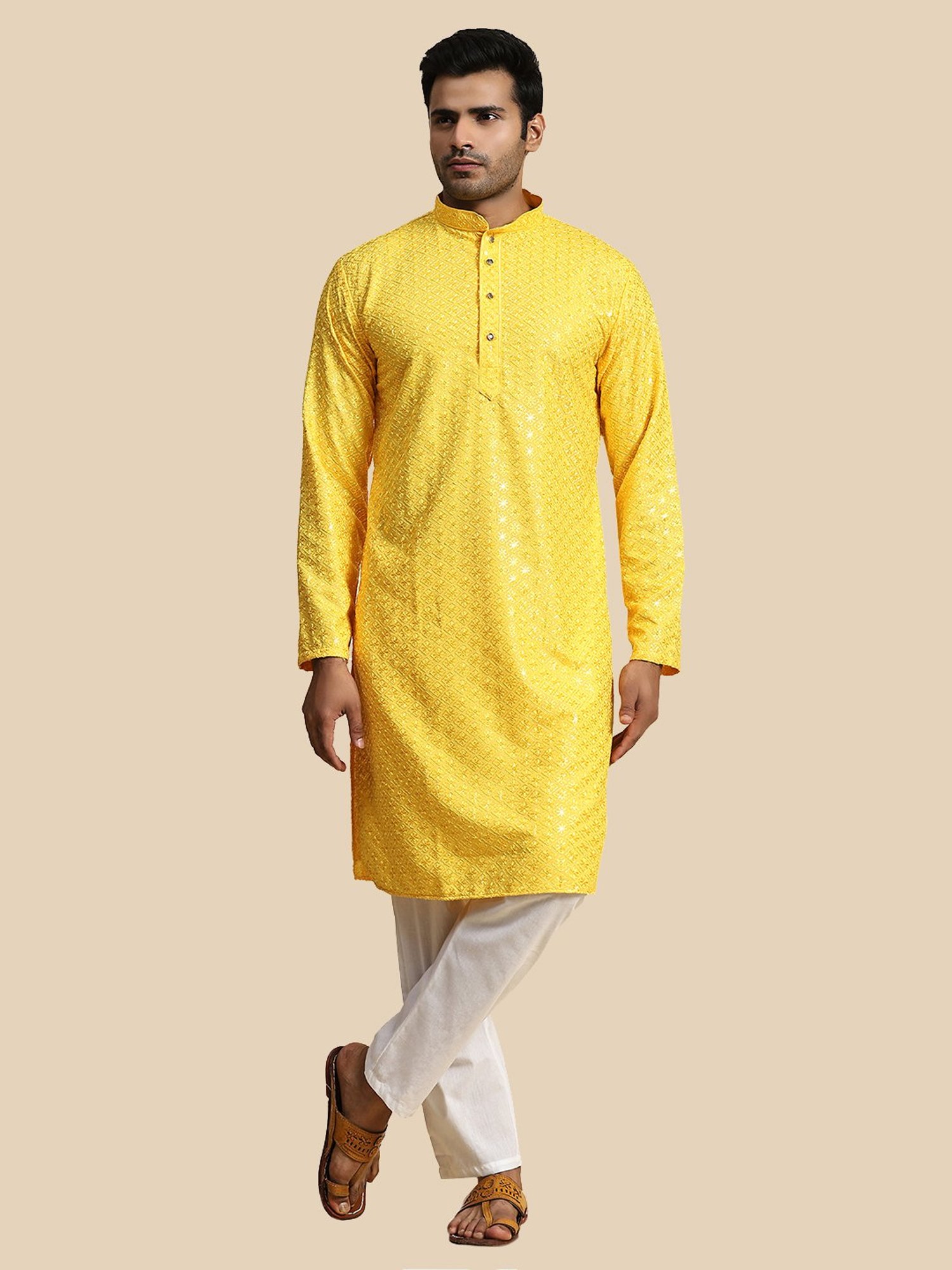 Pro-Ethic Style Developer Yellow & White Regular Fit Embroidered Kurta & Pyjamas Set