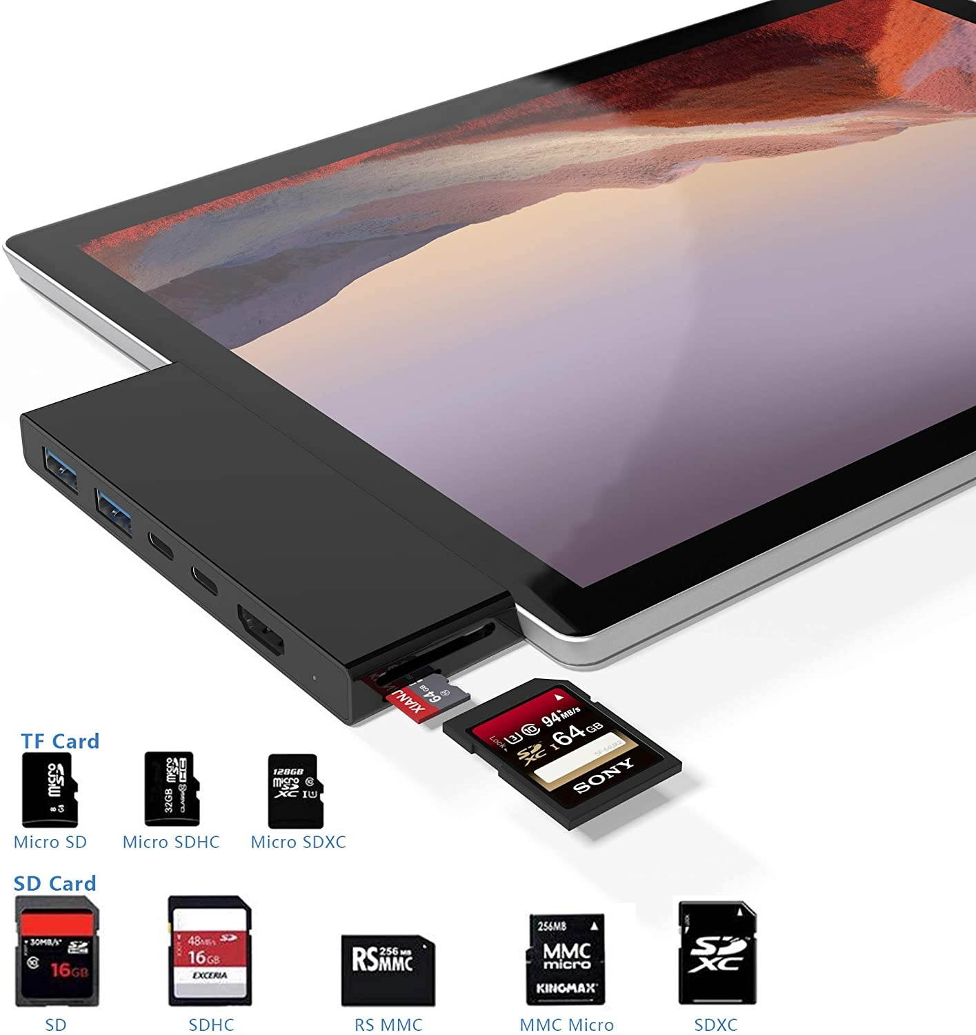 Surface Pro 7 Hub Docking Station with 4K HDMI Adapter+USB C PD 60W Charging port+ USB C 5Gbps Data Port +2 Port USB 3.0+SD/TF(Micro SD) Card Reader Converter Combo Adaptor for Microsoft Surface Pro 7