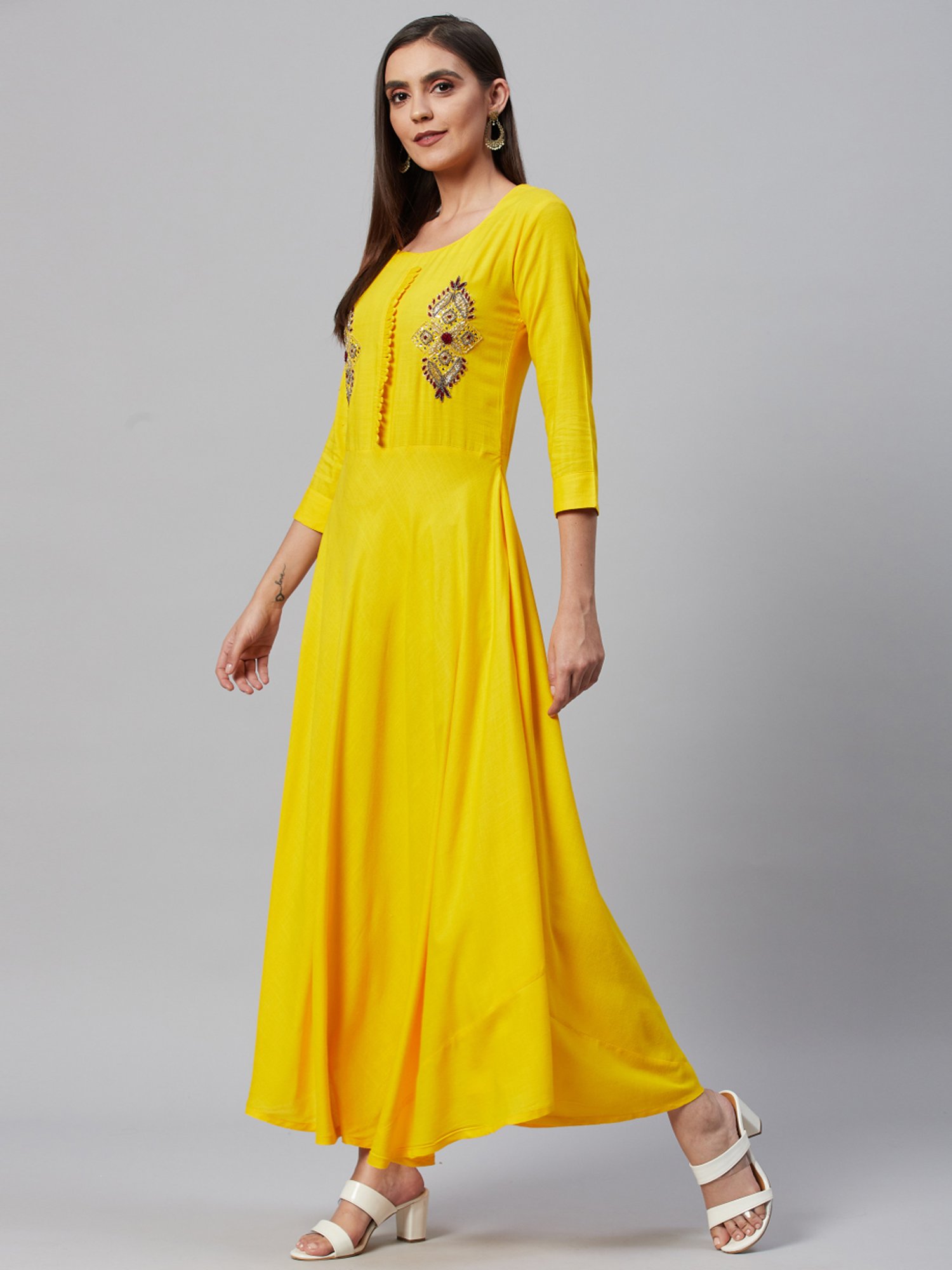 HIGHLIGHT FASHION EXPORT Yellow Embellished Maxi Dress