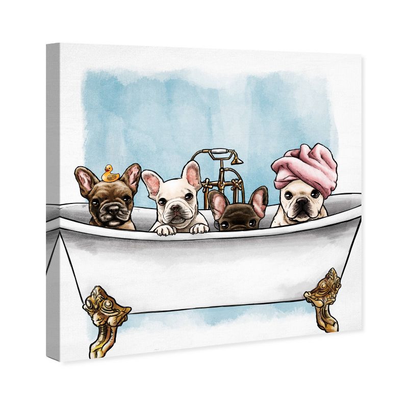 12" x 12" Frenchies In The Tub Animals Unframed Canvas Wall Art in White - Oliver Gal