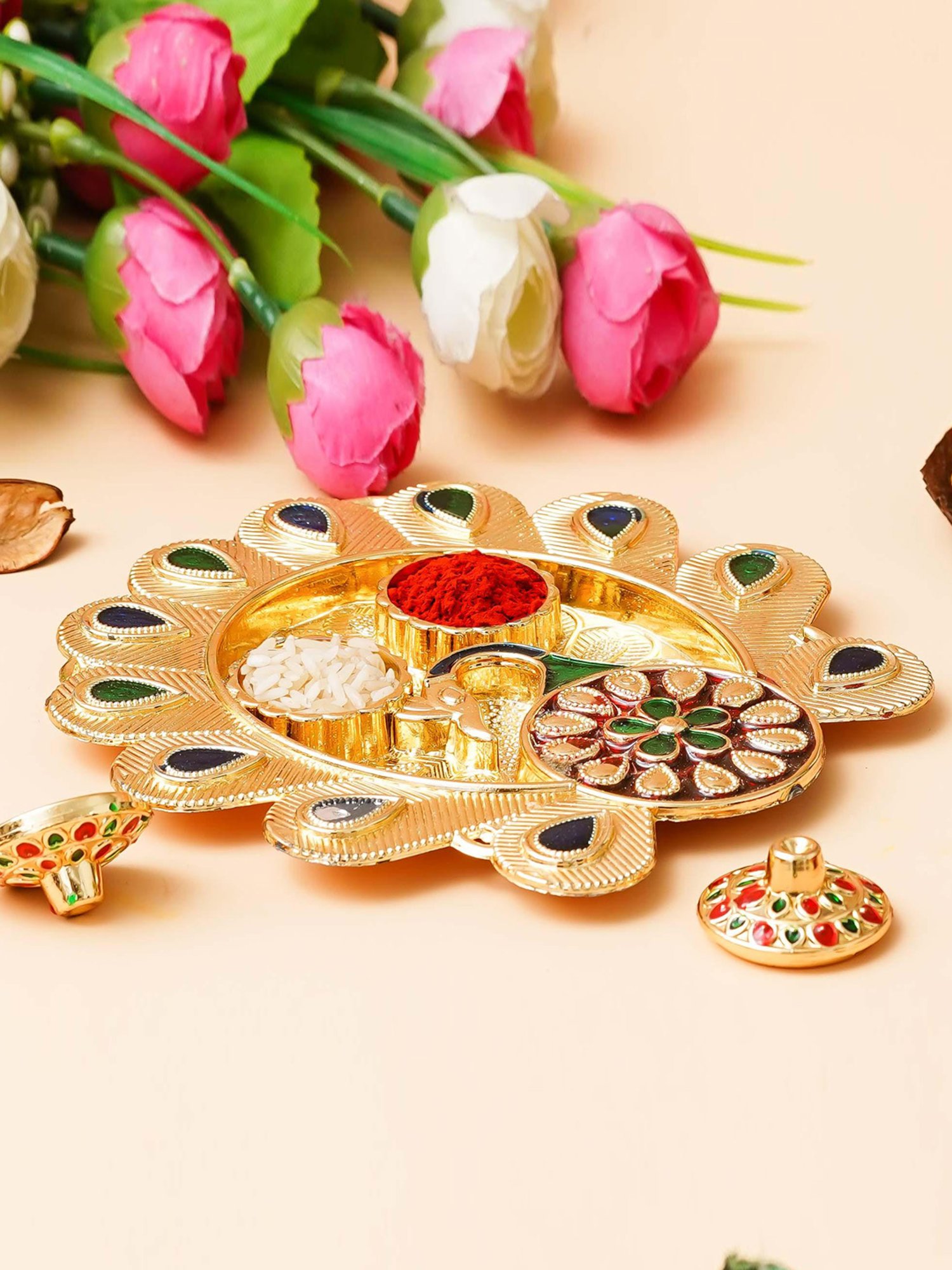 eCraftIndia Beautiful Peacock Feather Decorative Pooja Thali for Diwali, Navratri