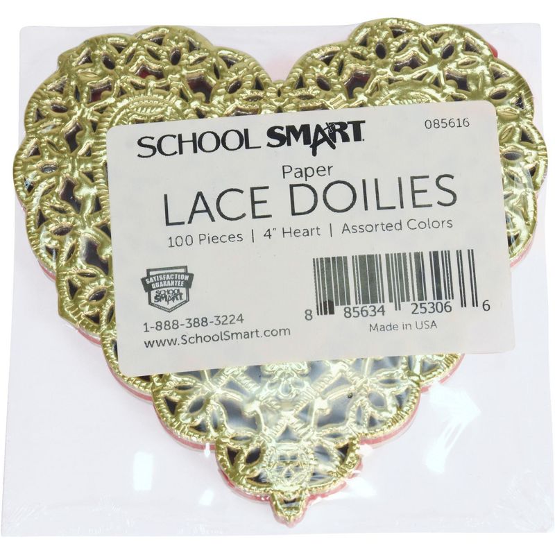 School Smart Paper Die-Cut Heart Lace Doily, 4 Inches, Assorted Color, pk of 100