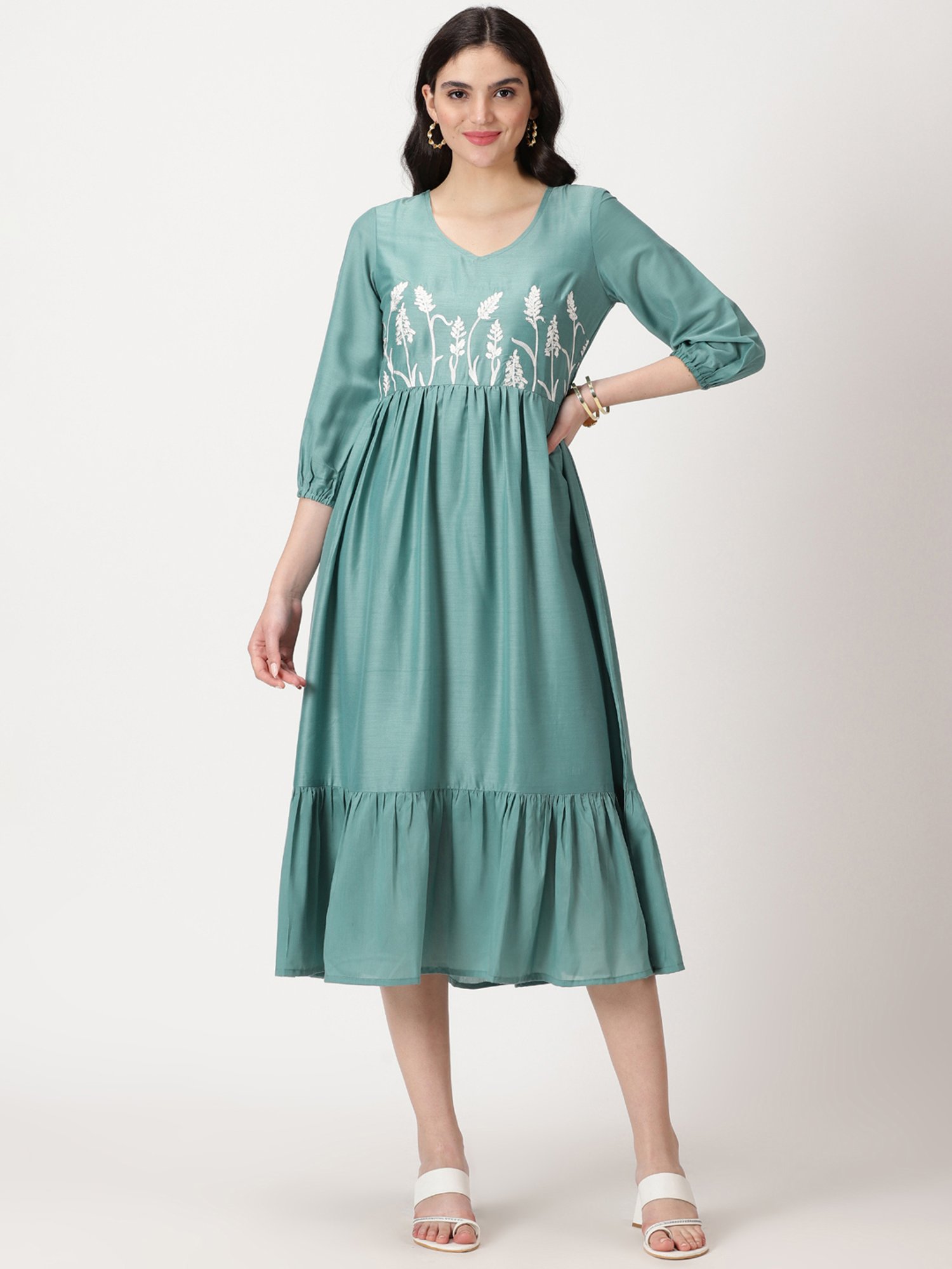 Saffron Threads Sea Green Embroidered Midi Dress