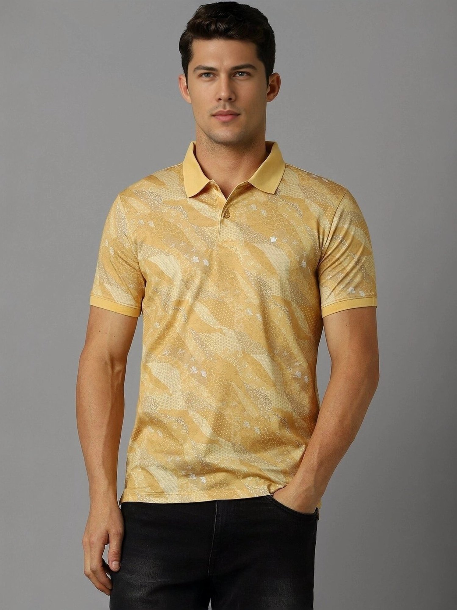 Louis Philippe Yellow Cotton Regular Fit Printed Polo T-Shirt