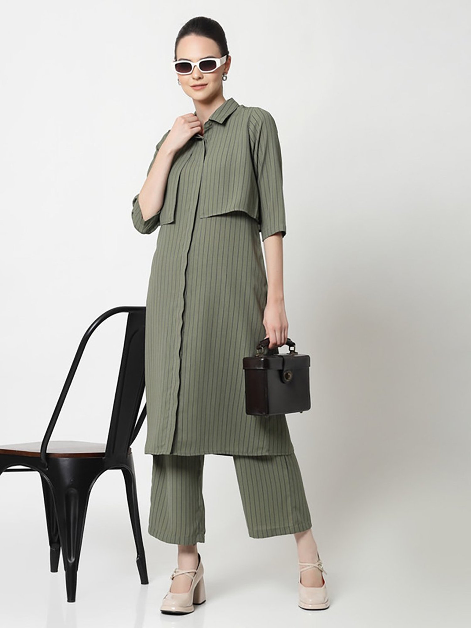 Office & You Olive Striped Regular Fit Mid Rise Trousers