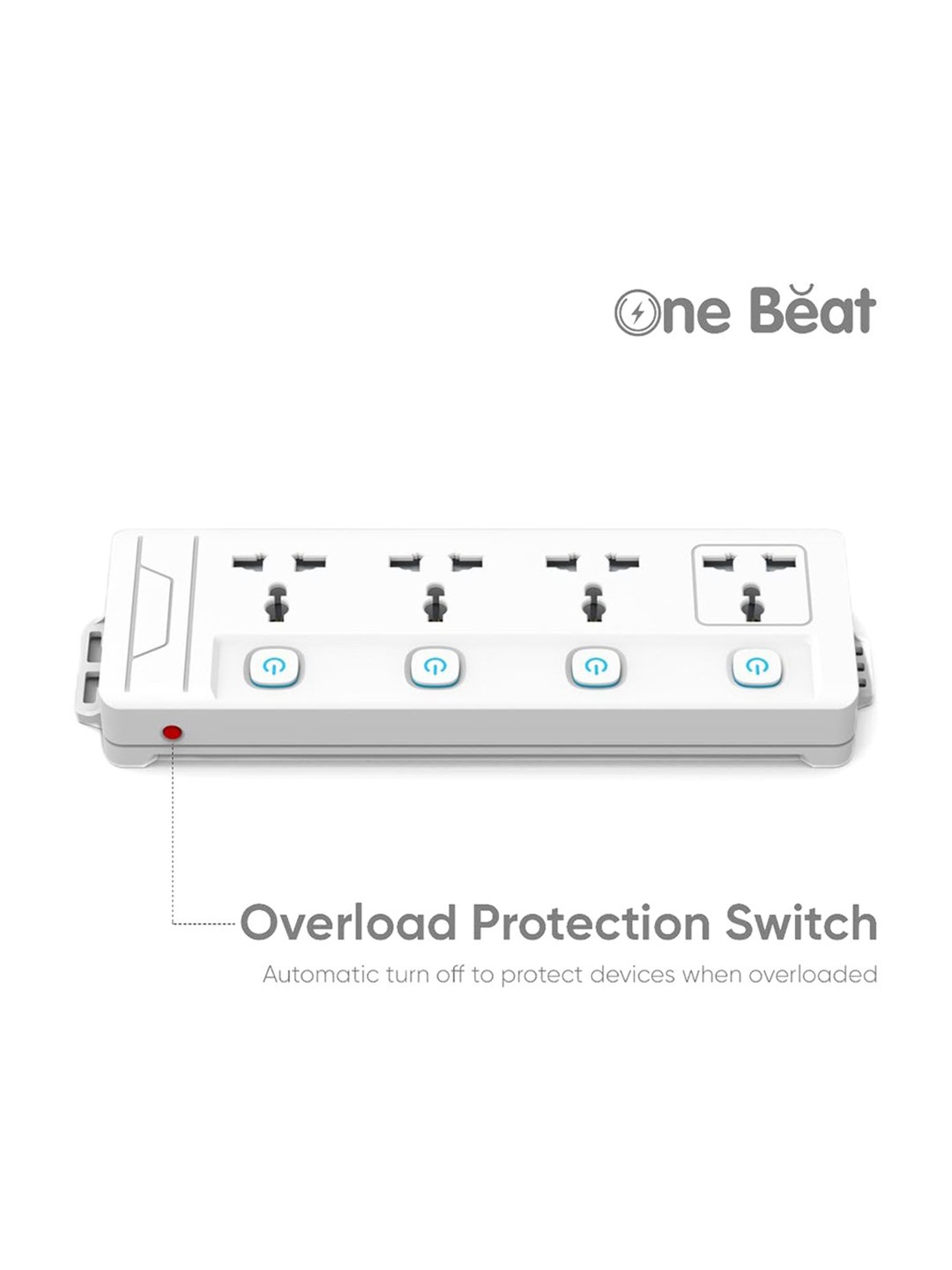 One Beat Power Strip with 4 Universal Socket with Output of 2500W & Extension Cord 2 Meter (White)