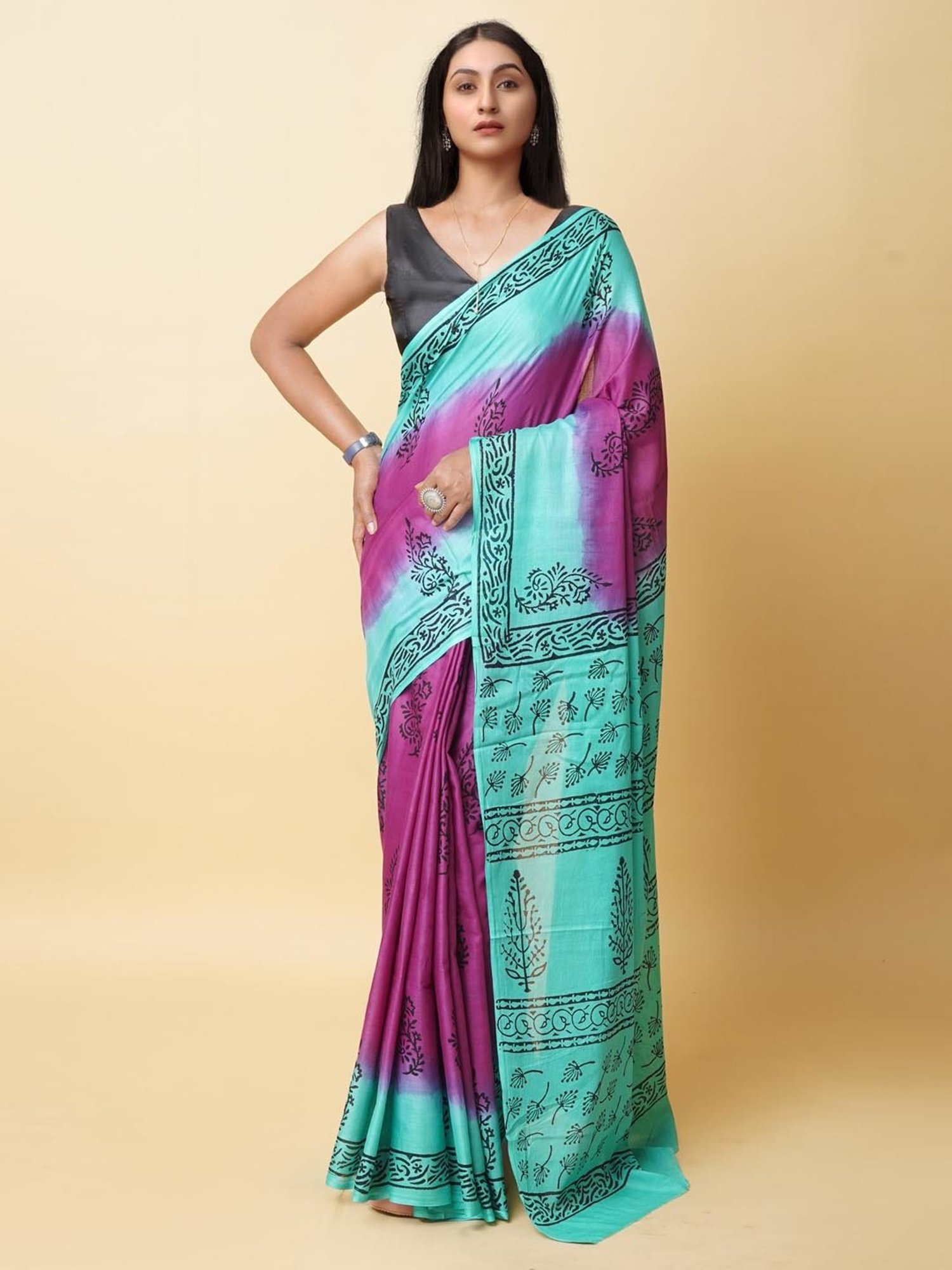 Unnati Silks Purple & Blue Cotton Printed Saree With Unstitched Blouse
