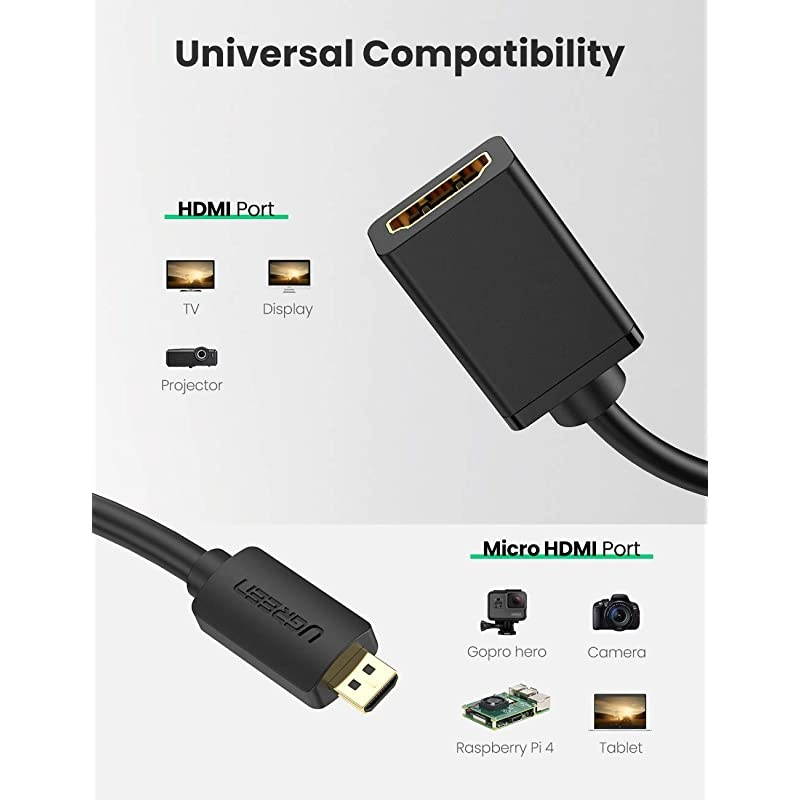 Micro HDMI to HDMI Cable Male to Female with Ethernet Type D to Type A Gold Plated Support 1080P 3D 4K Compatible with GoPro Hero 7 Black 5 4 6 Raspberry Pi 4 Sony A6000 Camera Nikon B500