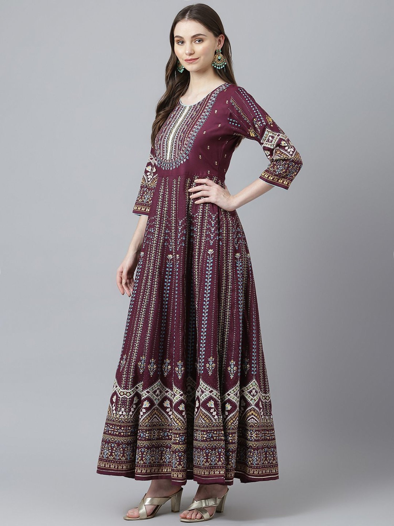 KIANA Maroon Printed Maxi Dress