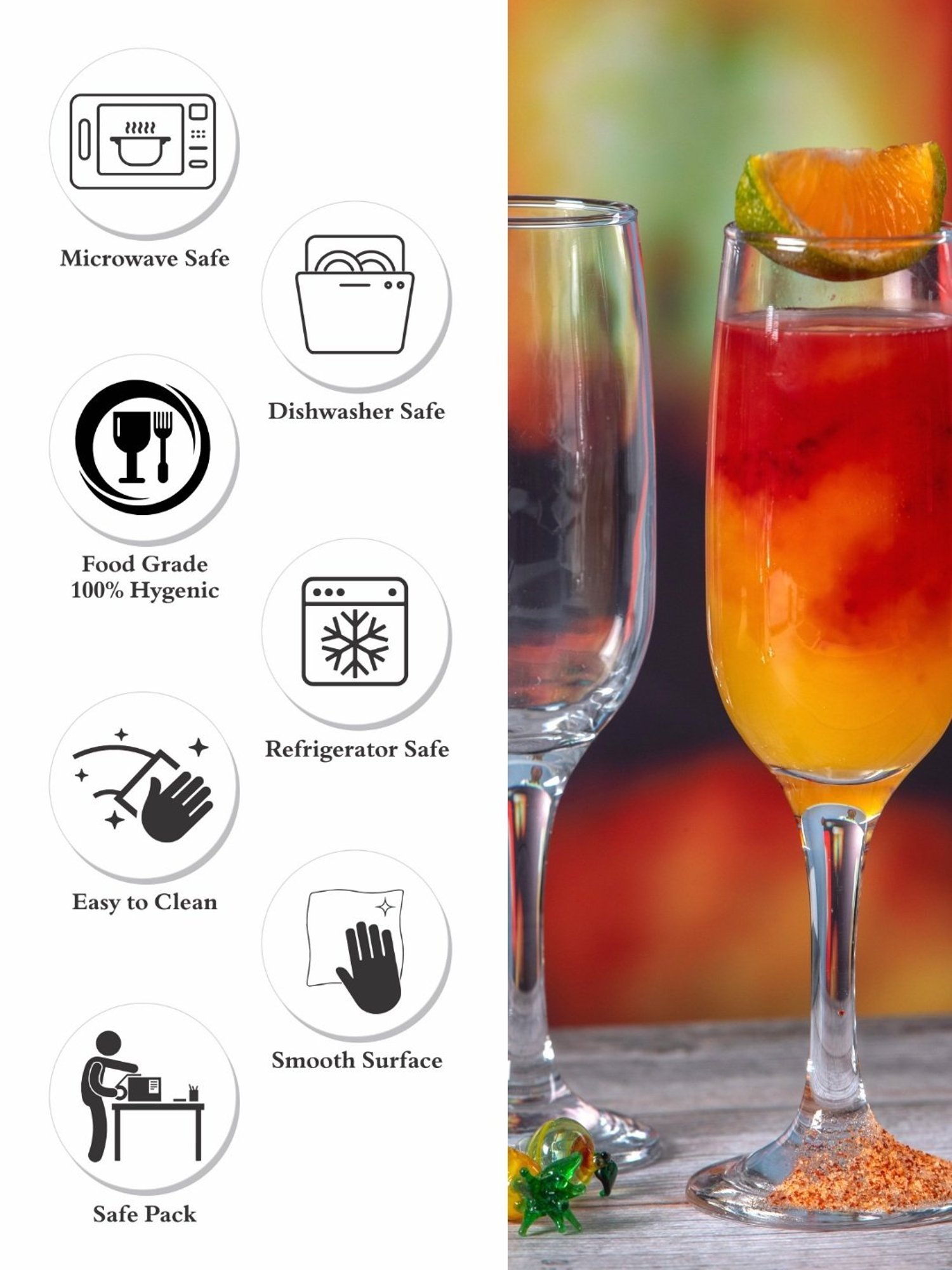 ROXX Transparent Glass Tulip Chemp Flute Glass - Set of 6 (215ml)