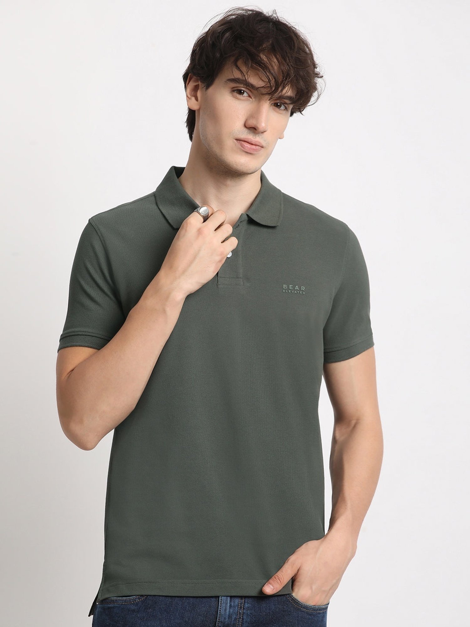 The Bear House Olive Cotton Slim Fit Polo T-Shirt