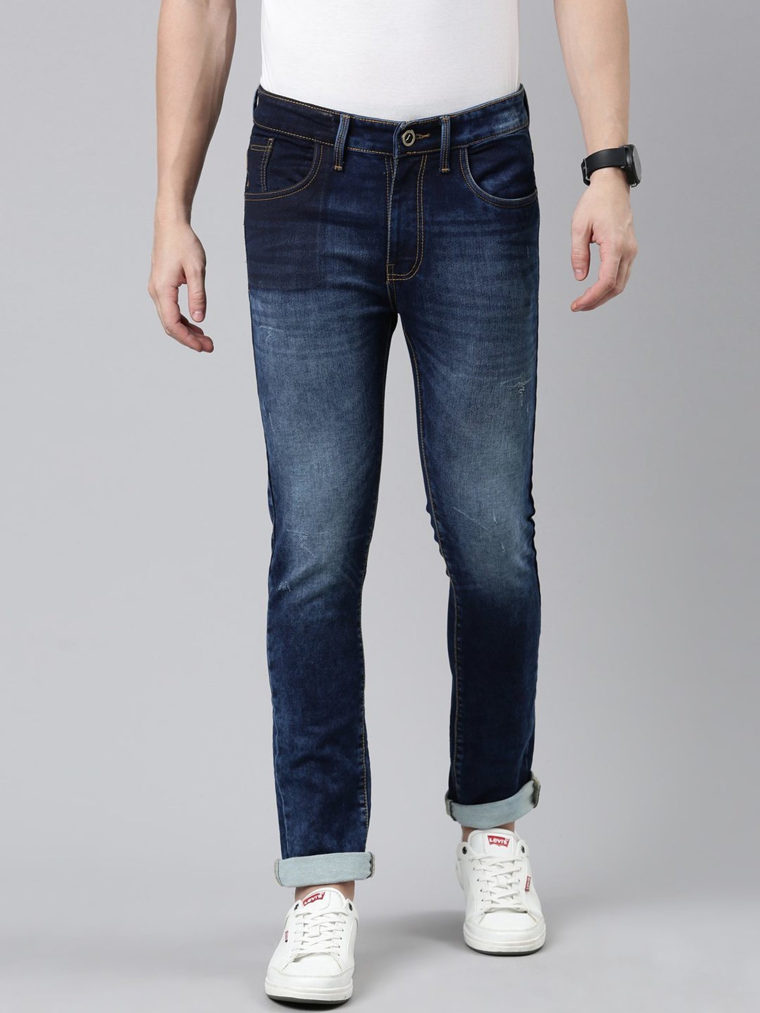 CINOCCI Denim Blue Cotton Slim Fit Jeans