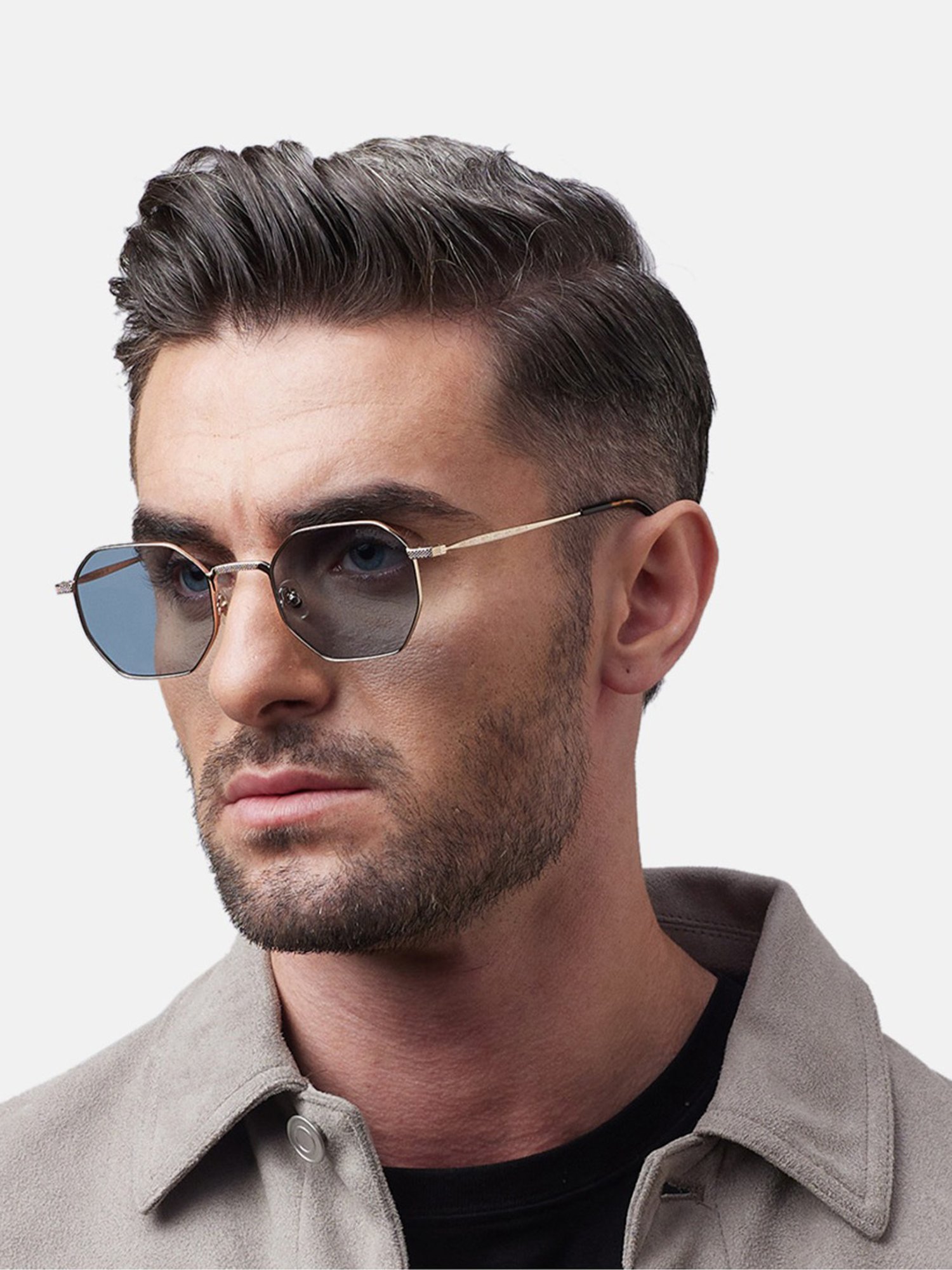 Shisen Fox Okita Light Gold-Light Blue hexagon Unisex UV Protection Sunglasses -51 mm