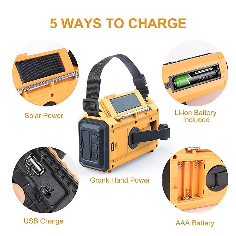 Weather Radio  Solar Hand Crank Emergency Radio 5 Ways Powered AMFMSWNOAA Weather Alert Portable Radio with Flashlight Reading Lamp Cellphone Charger and SOS Alarm Yellow