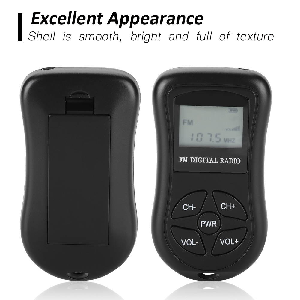 Black Mini Portable Pocket Digital Battery Powered FM Radio Receiver w/ Earphone