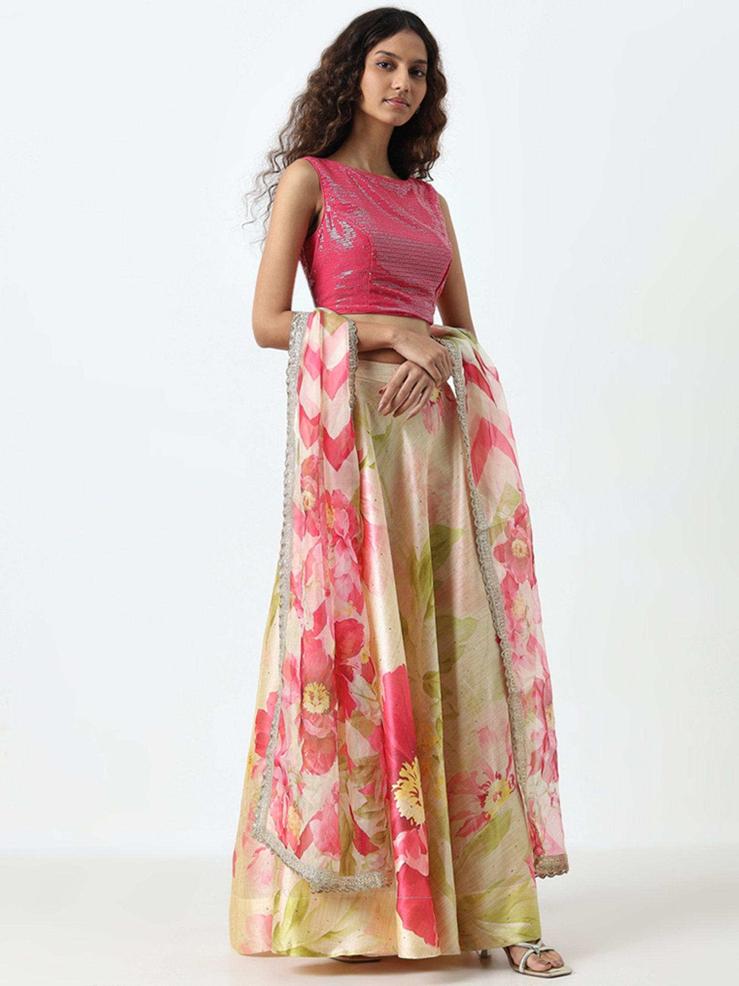 Vark by Westside Pink Embellished Top, Skirt and Dupatta Set